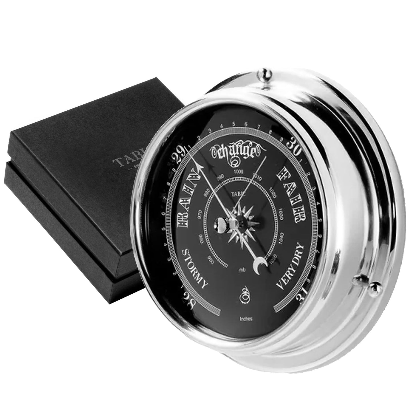 Tabic Prestige Traditional Barometer in Chrome with a Jet Black Dial, Heavy Brass Case (1/2kg) Electroplated with Chromium, Handmade in England