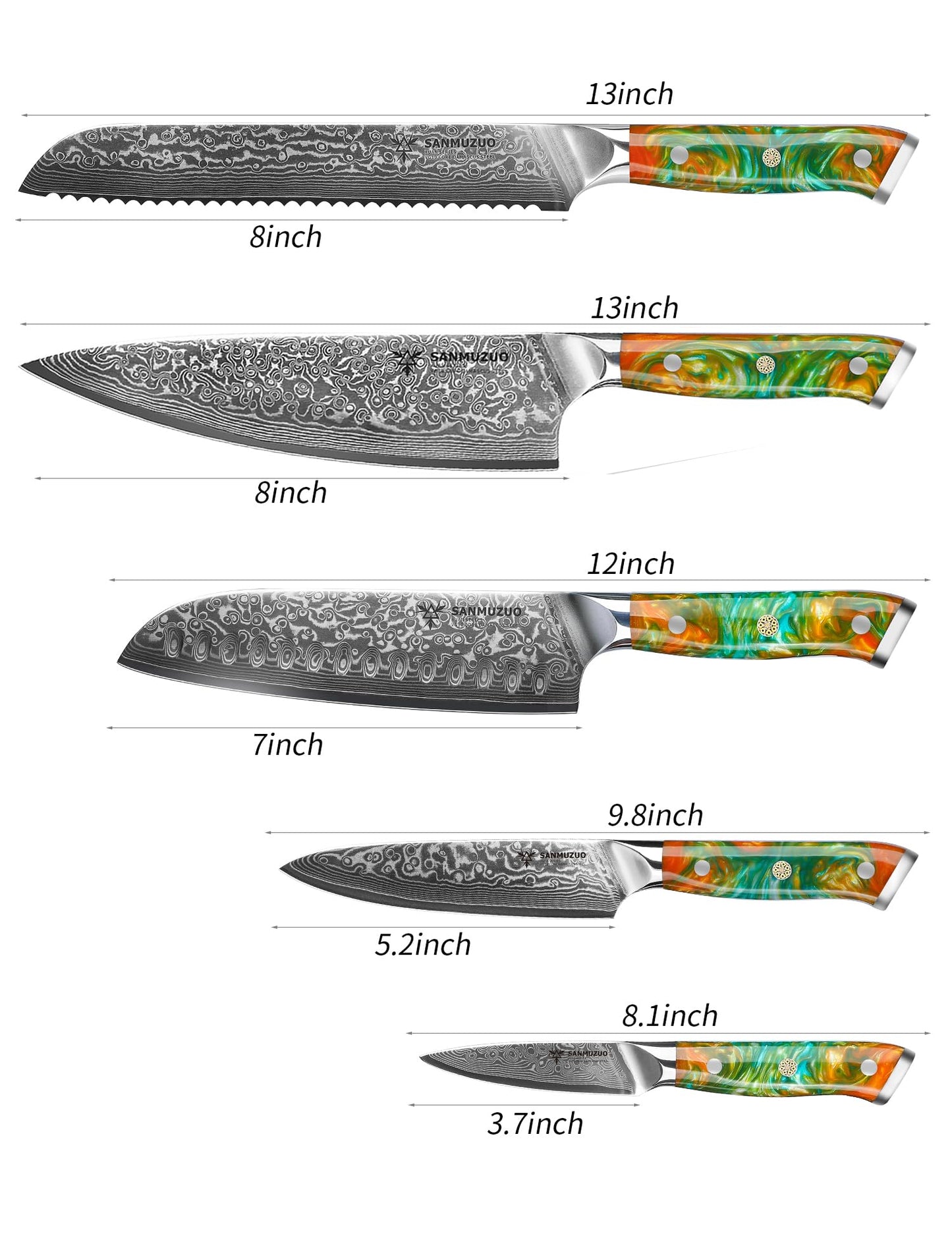 SANMUZUO Chef Cooking Knives Set- Kitchen Knife Set of 5 Piece - Ultra-Sharp VG10 Damascus Steel & Resin Handle - Xuan Series (Fantasy Orange)
