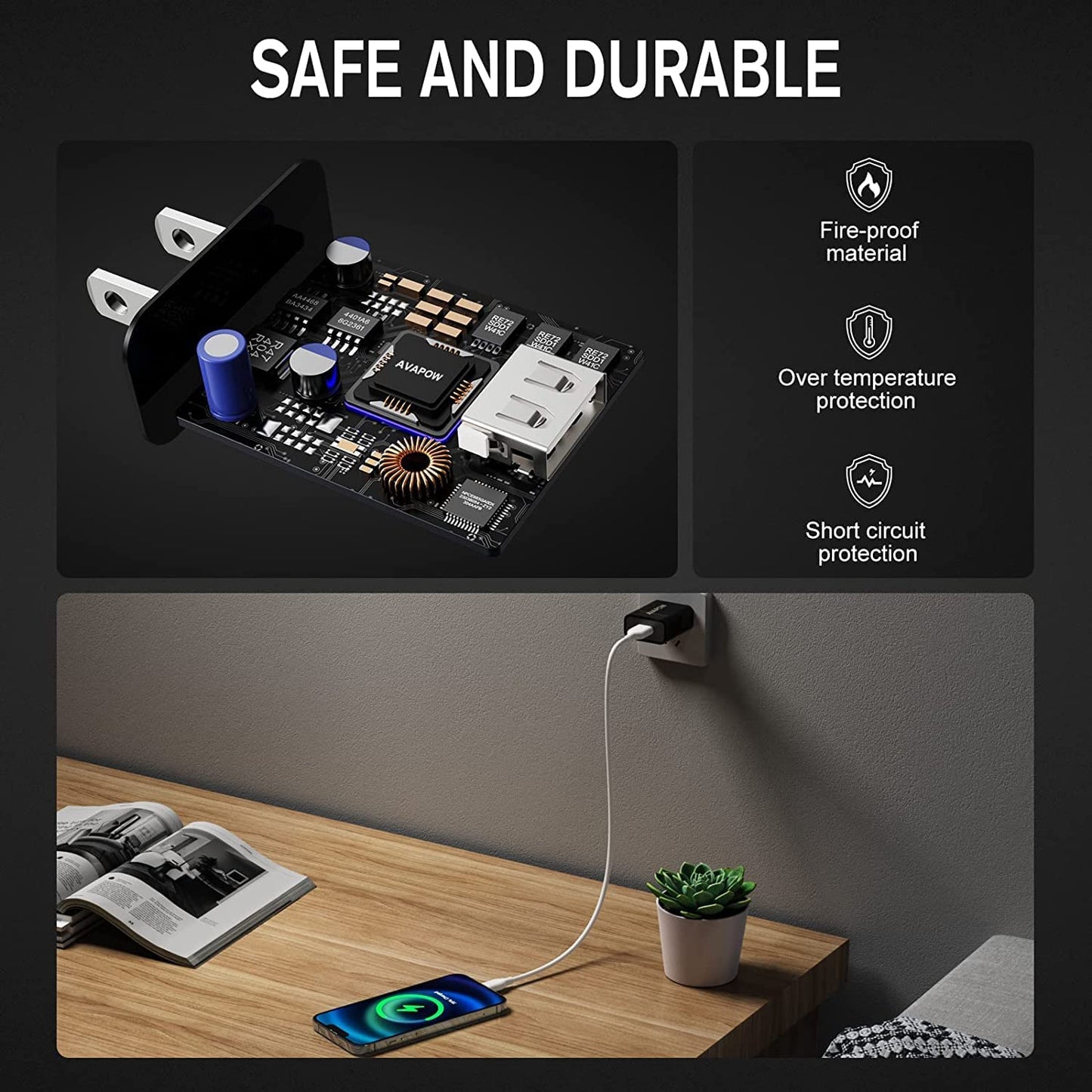 Avapow A68 Jump Starter 6000a with Avapow Wall Charger 18W for Jump Starter Charging or Phone Charging