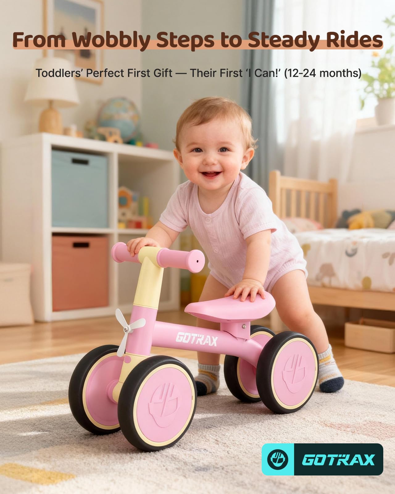 Gotrax Baby Balance Bike 1-2 Years, 7" Front & Rear Silent Wheels, Sturdy Steel Frame 66 lbs Load, Quick 2-Min Assembly, CPC Certified, Comfortable Soft Seat, Toddler Birthday Gift for Boys&Girls Pink