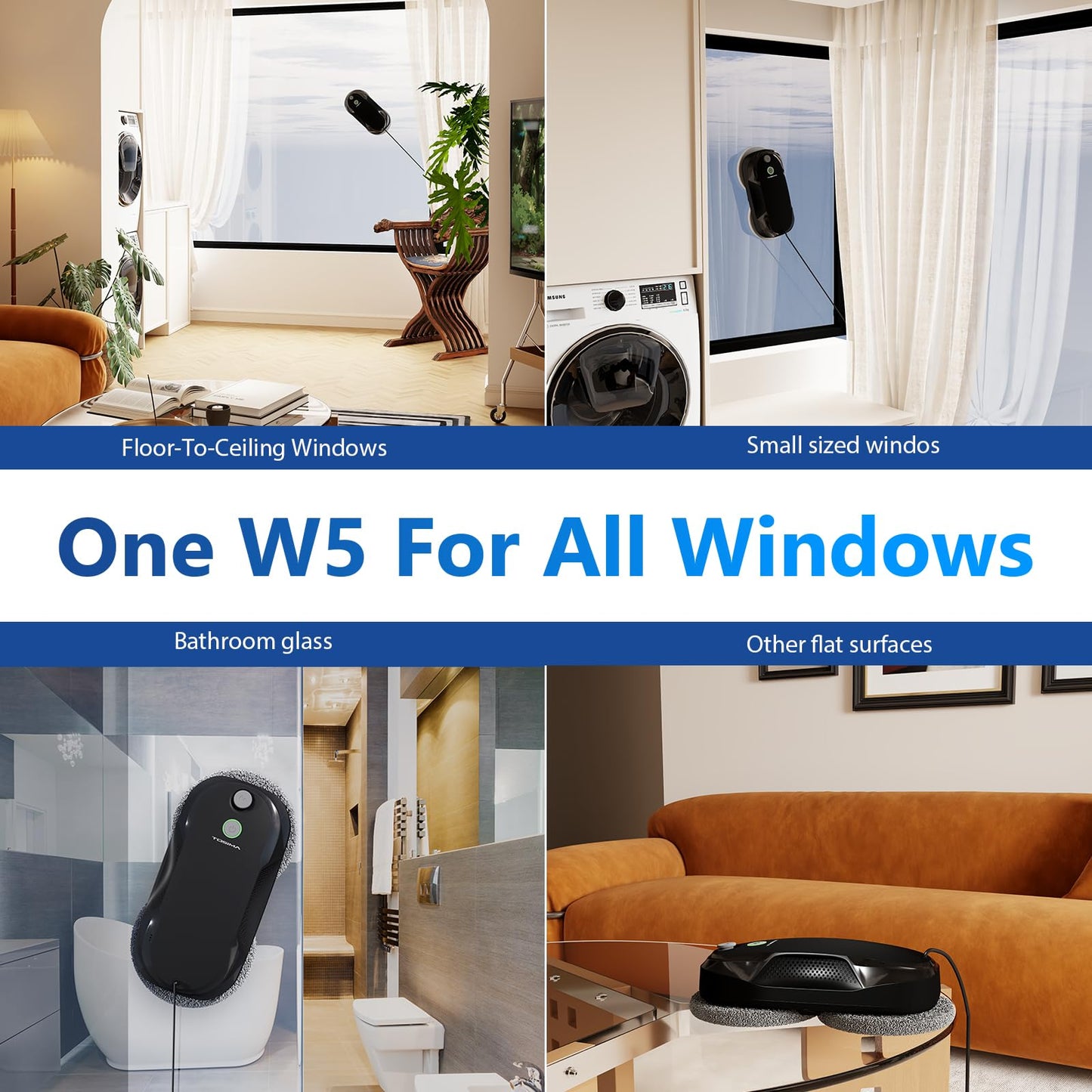 Tosima W5 Window Cleaning Robot, Dual Direction Auto-Spray Smart Window Cleaner with Triple Safety System, Smart Navigation, Remote Control, for All Smooth Surfaces, with 8 Rags, Black