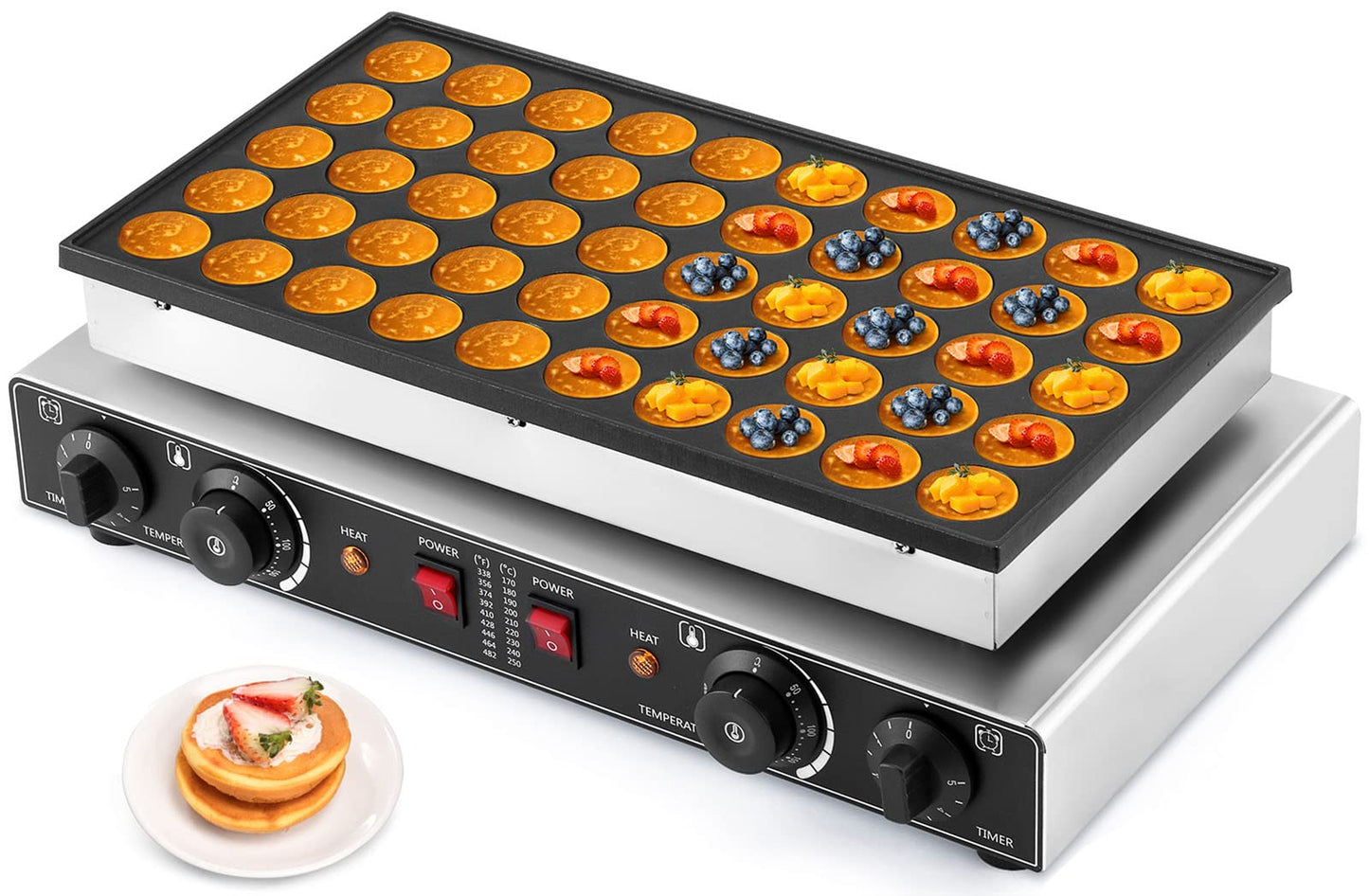 LANUEVA Mini Dutch Pancake Maker with Recipe, 50pcs 1.6" Electric Pancake Maker Machine Non-Stick Coating, Stainless Steel, Fast Heating, Home & Commercial Use (110V)