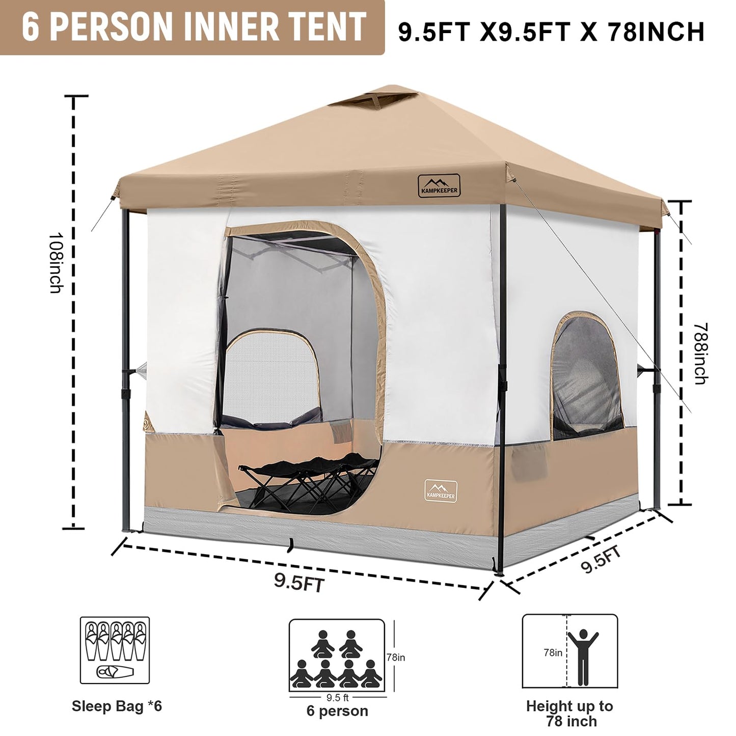 KAMPKEEPER 6-Person 10x10 Pop-Up Canopy Tent with Inner Tent, Waterproof, Portable Camping Shelter with Vented Roof, Adjustable Instant Canopy Height for Camping, Khaki