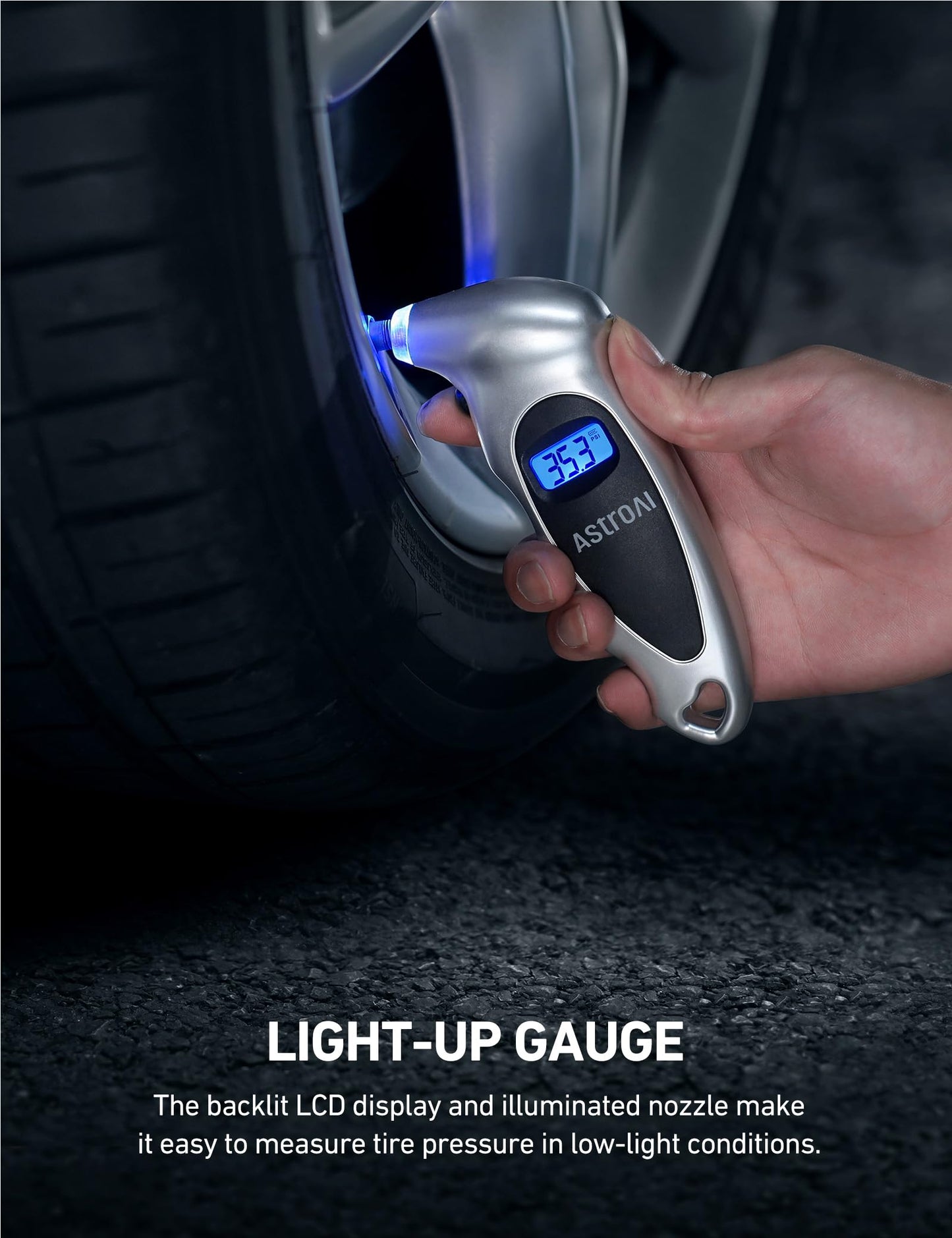 AstroAI Digital Tire Pressure Gauge 150 PSI 4 Settings for Car Truck Bicycle with Backlight LCD and Non-Skid Grip Car Accessories, Silver