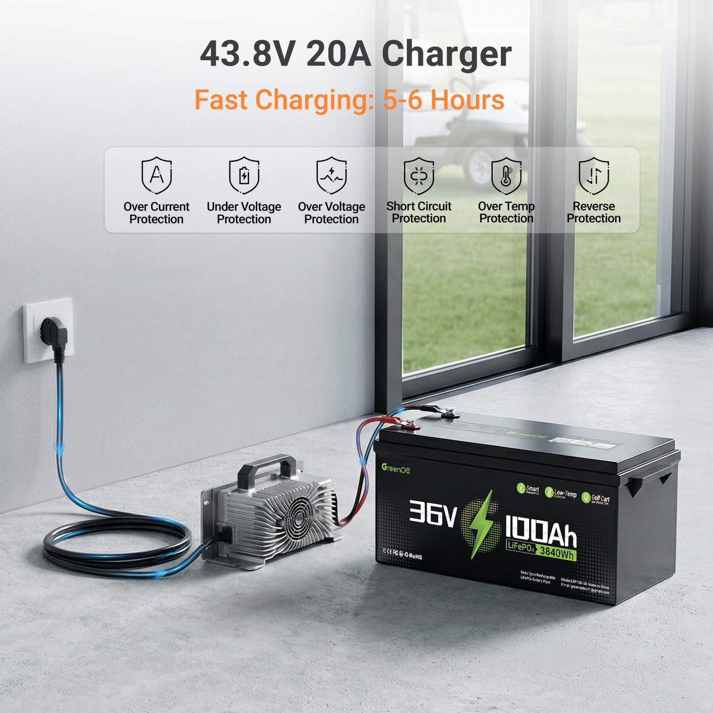 36V 100Ah Lithium Golf Cart Battery, 36V LiFePO4 Battery, Built-in 200A BMS, Golf Cart Batteries with Bluetooth APP & LCD Monitor, 43.8V 20A Charger, Max with 7.68kW Output, 1000A Peak Current