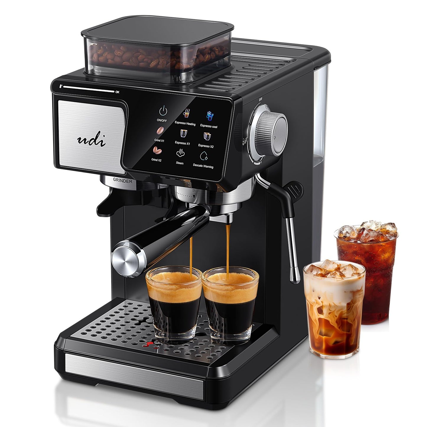 UDI 20Bar Espresso Machine with 20 Grind Settings - Touchscreen Control, Auto Grind (Single/Double Cup), Steam & Self-Cleaning, Quick Brew Café-Quality Coffee Maker for Home