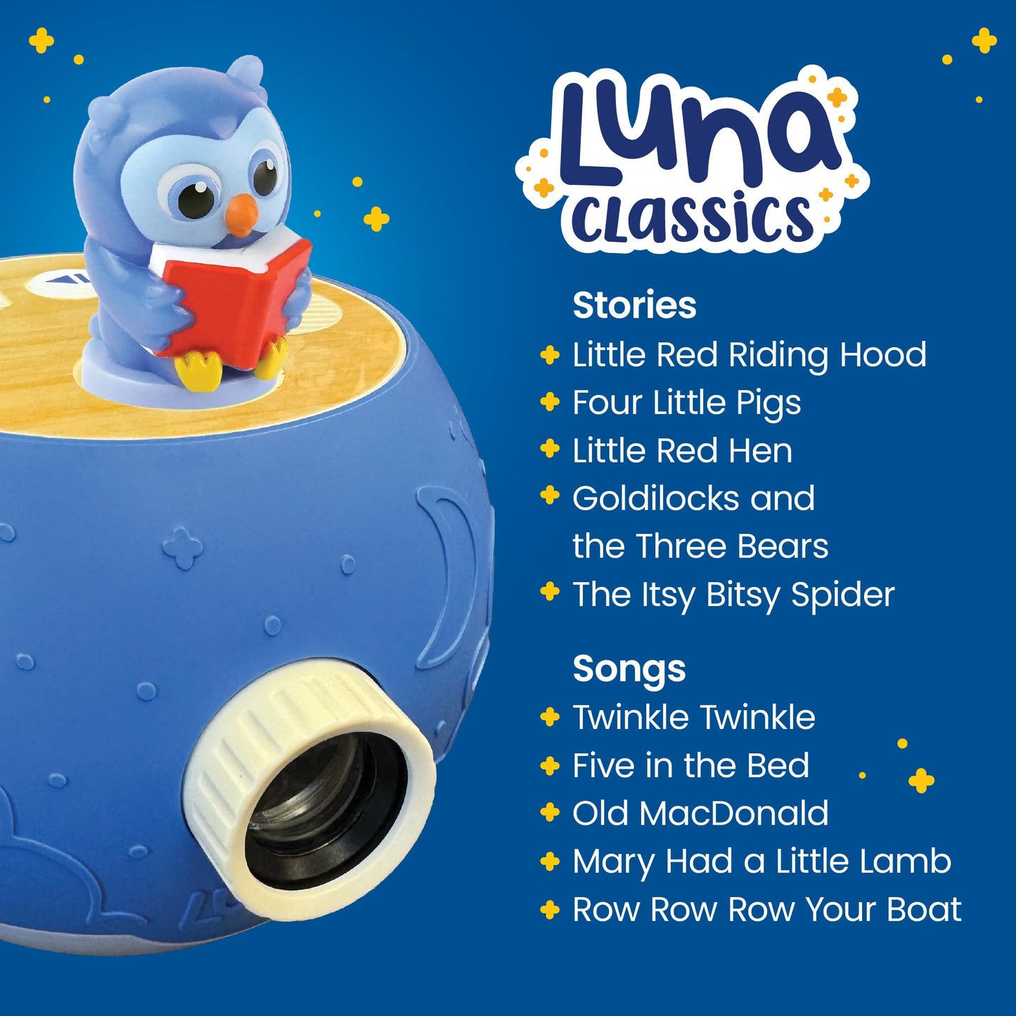 Luna StoryTime Kids Book Projector – 6 Bible & 5 Classic Read-Aloud Stories, 10 Songs & Night Light & Soothing Dream Music | Children Ages 3+ Storytime Projector for Kids & Toddler | Toys, Owl & Angel