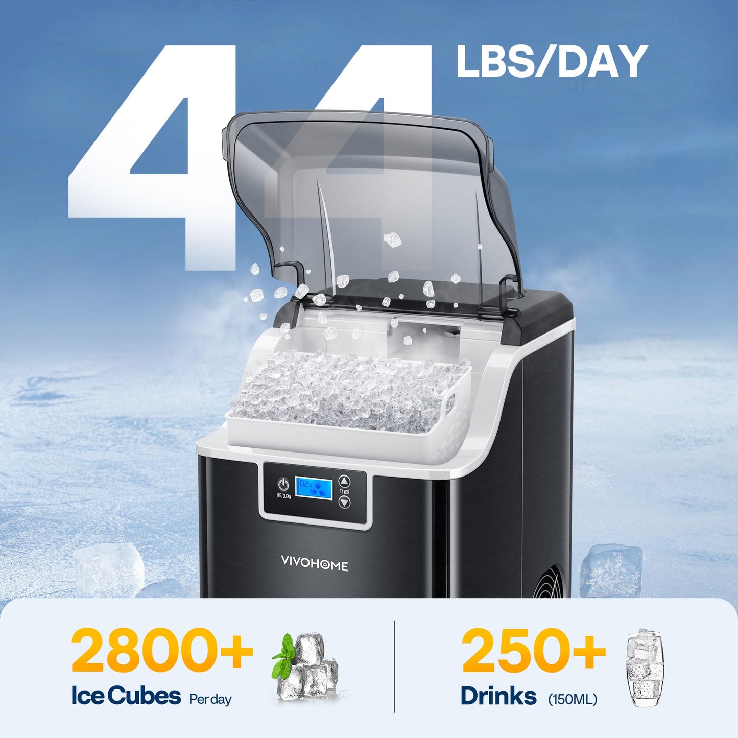 VIVOHOME Nugget Ice Maker Countertop, Portable Pebble Ice Maker Machine with 44lbs/Day, Soft Chewable Pellet Ice Machine with Self-Cleaning, Scoop, 10 Ice Bags, for Home Kitchen, Party, RV, Camping