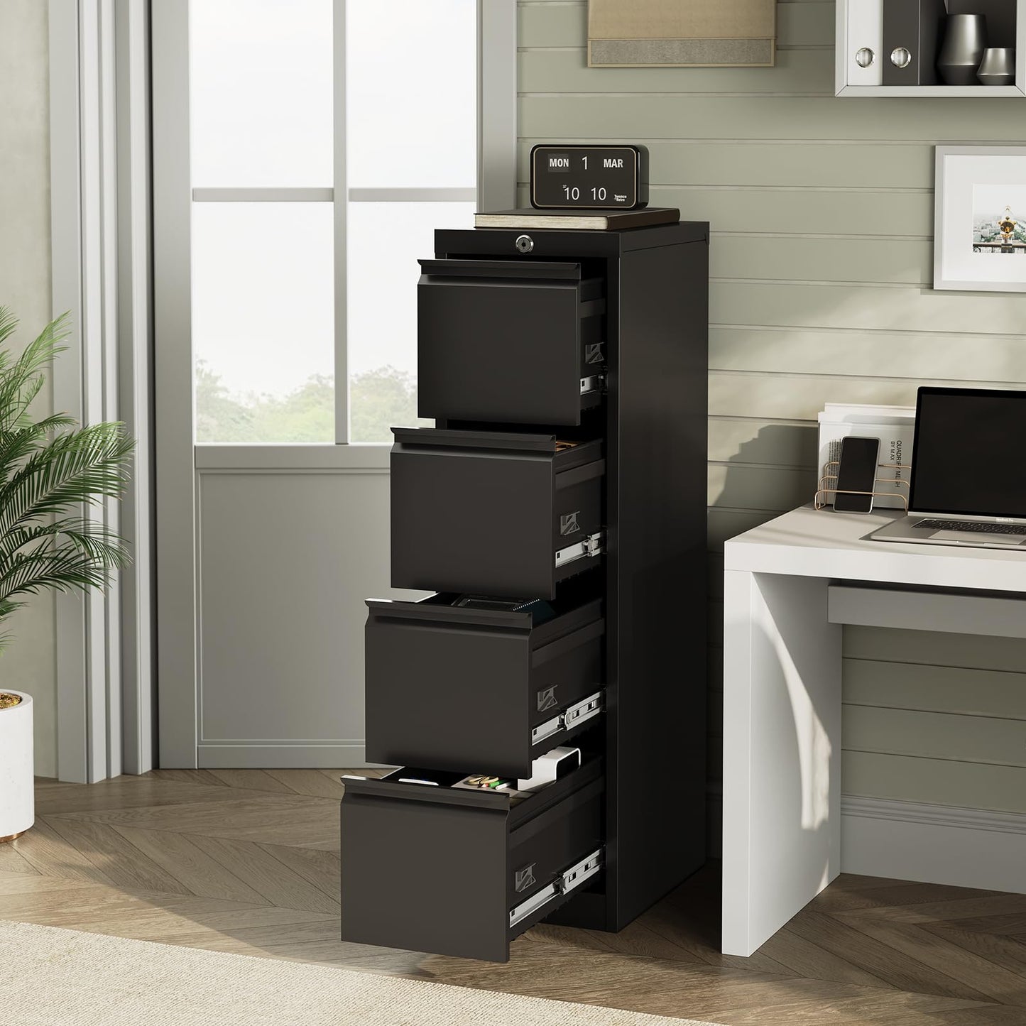 BouPower 4 Drawer File Cabinet with Lock, Metal Filing Cabinets, Vertical Small Filing Cabinet Steel Lockable Storage Cabinets for Home Office, Legal/Letter Size File