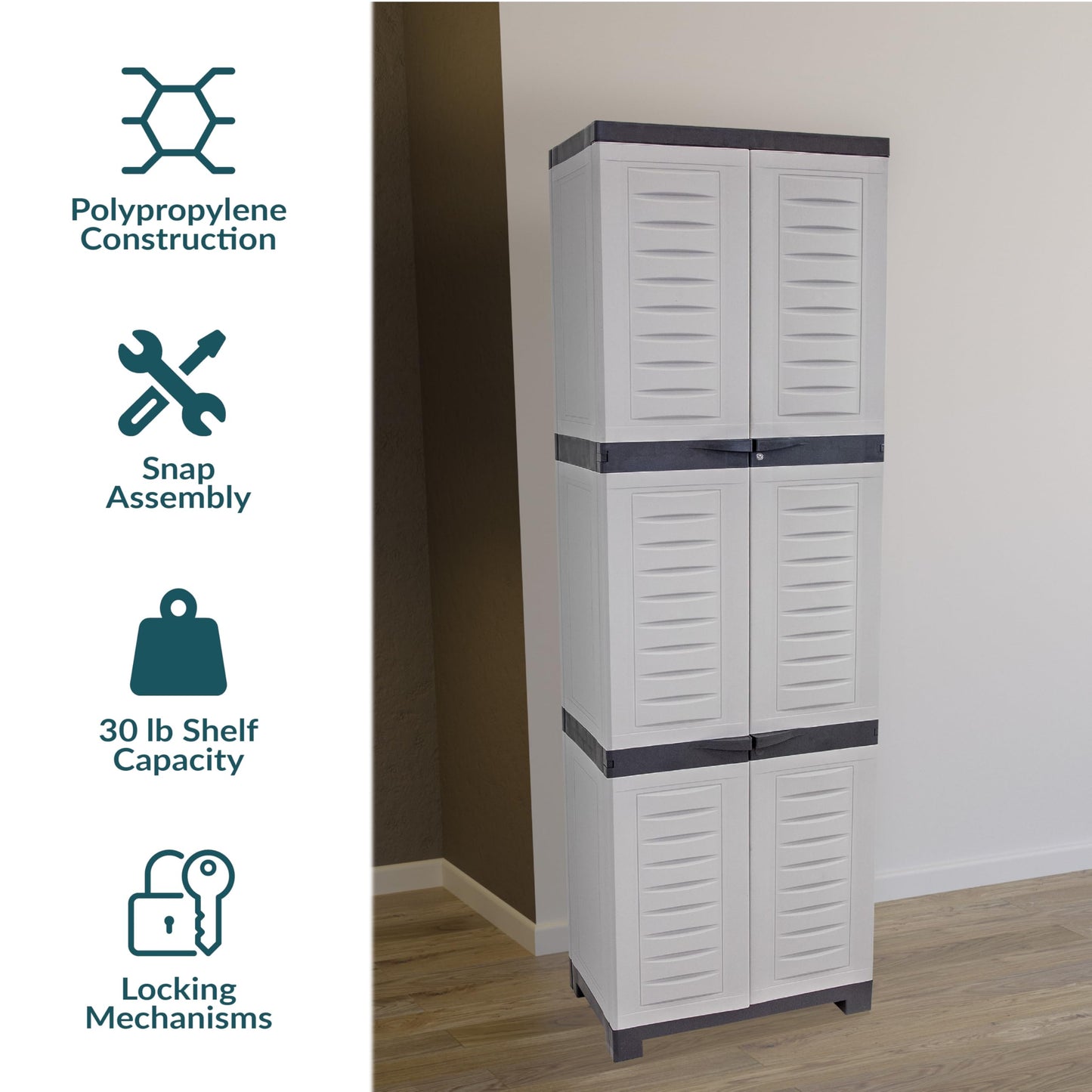 Sunnydaze 72" H Resin Garage Storage Cabinet - Garage Cabinet with Lockable Doors and Adjustable Shelves - Freestanding Utility Storage for Laundry Room, Office, Basement - Gray