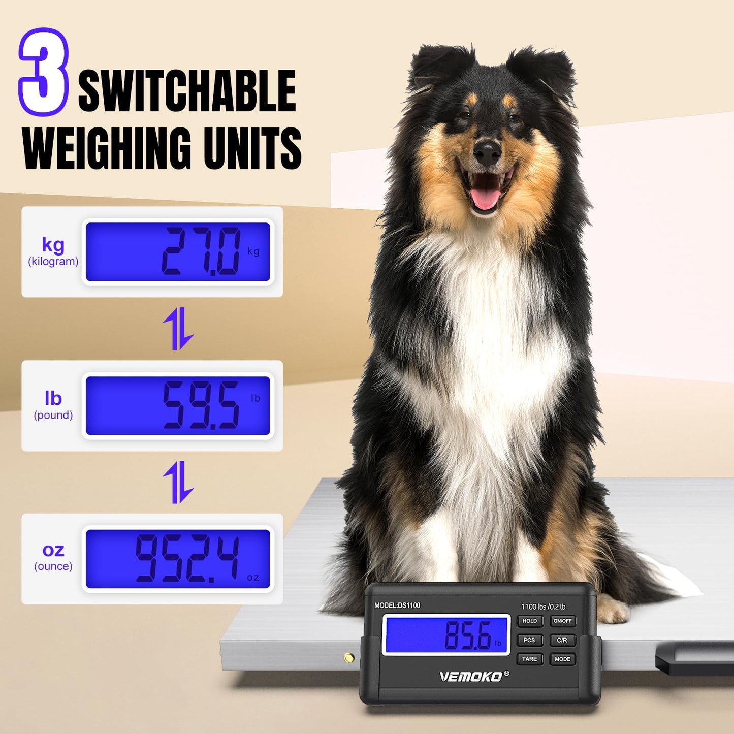 VEMOKO Precision Large Dog Scale - 1100lb x 0.2lb Large Breed Animal Livestock Weight Scale, Pet Scale PVC Non-Slip Mat Stainless Steel Platform for Dogs (Smooth Platform)