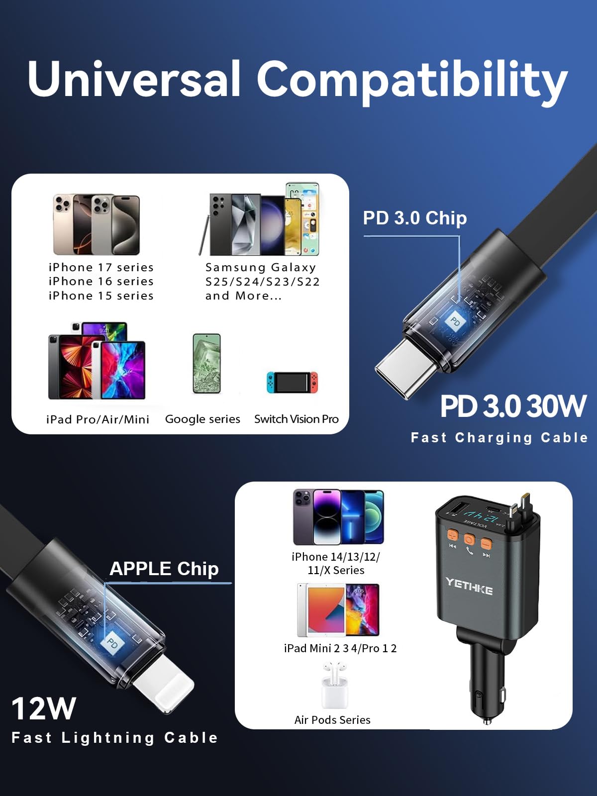 Retractable Car Charger,[Upgrade] Bluetooth 5.4 FM Transmitter Adapter, 4 in 1 Fast Car Chargers 69W, Handsfree Call, USB Cars Phone Charger and 2 Retractable Cable for iPhone 16 15 14, Galaxy-Black