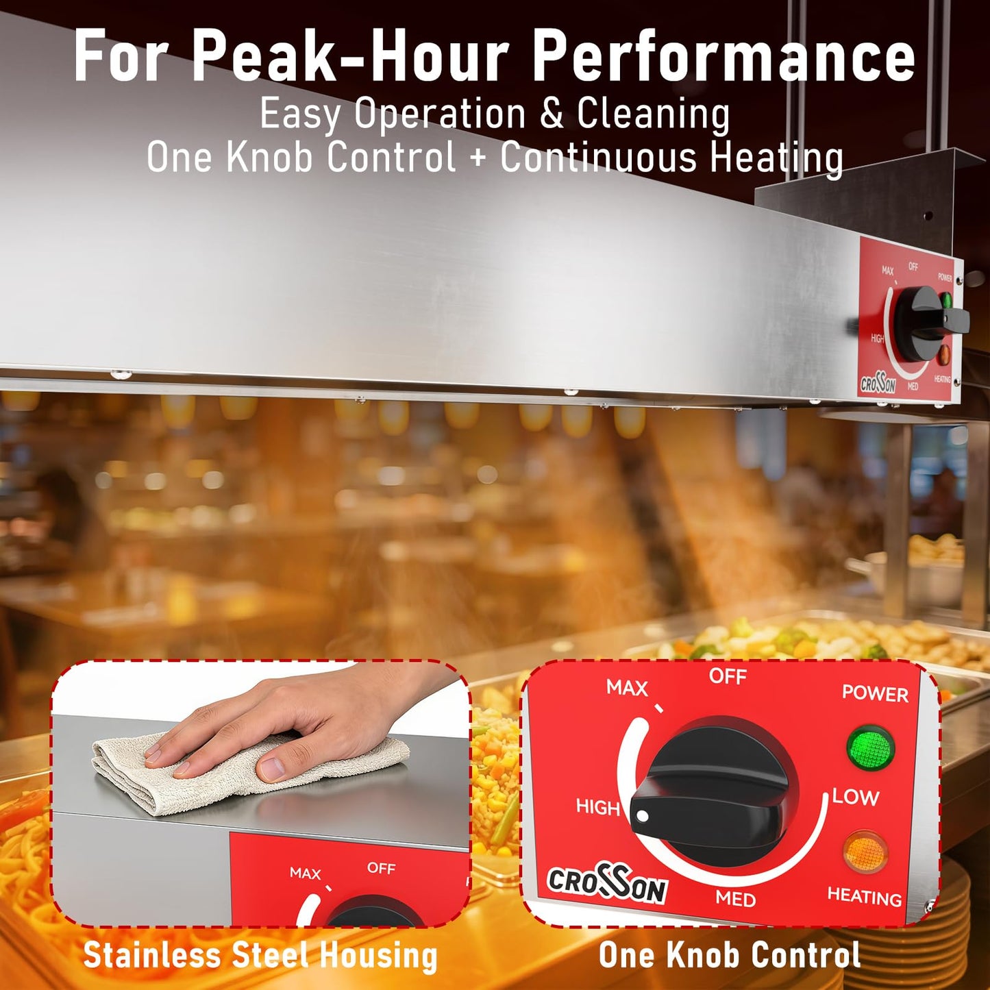 CROSSON Electric Food Heat Lamp 24 Inch Commercial Food Warmer Strip Heater with German EGO Thermostat,Dual Installation Options for Buffets & Parties,500W