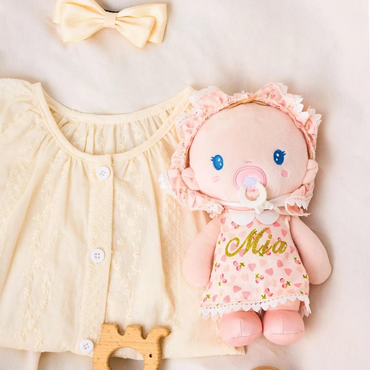 LeyaDoll Soft Baby Doll Set for Toddlers - Personalized Plush Doll Toys with Bassinet, Blanket and Bottle, First Baby Doll Accessories (9'') for Girls Pretend Play and Sleeping Cuddle - Cherry Baby