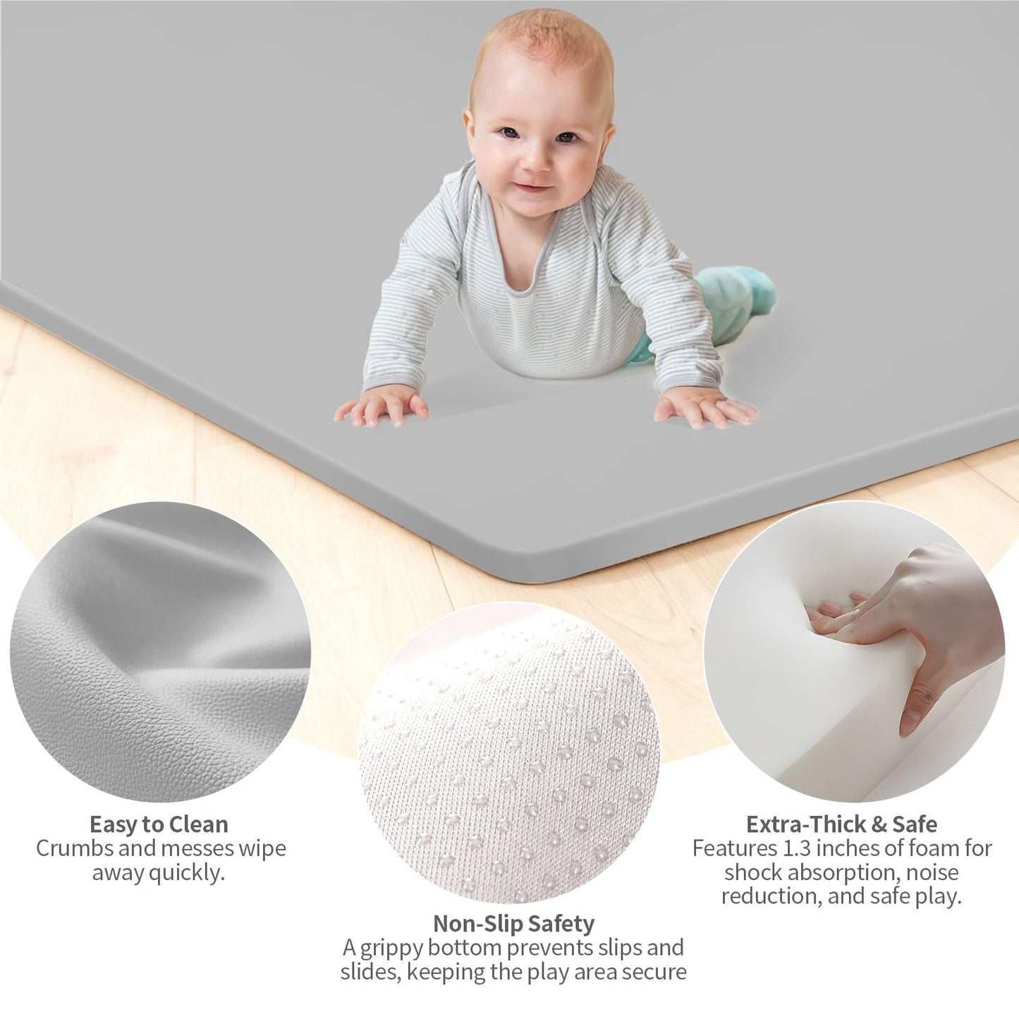 LevNubis PU Leather Baby Play Mat for Floor, 47"×47" Playpen Mat, 1.3" Thick Elasti-Foam, Non-Slip Crawling Mat for Tummy Time, Waterproof & Wipe-Clean Playmat for Toddler,Infant, Kids (Grey）