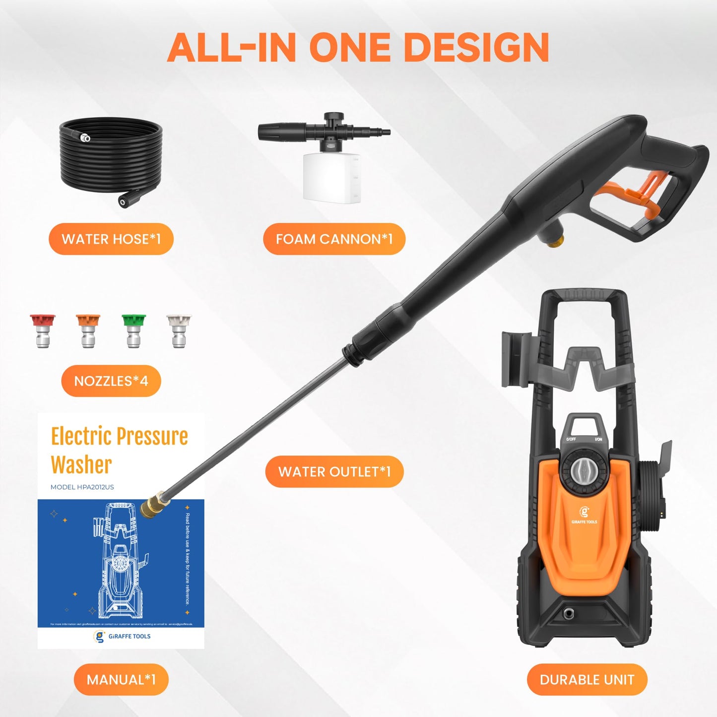 Giraffe Tools Pressure Washer, Max 2400 PSI, 2.3 GPM Electric Power Washer with 4 Quick-Connect Nozzles, Foam Cannon for Cars/Patios/Driveways/Fences