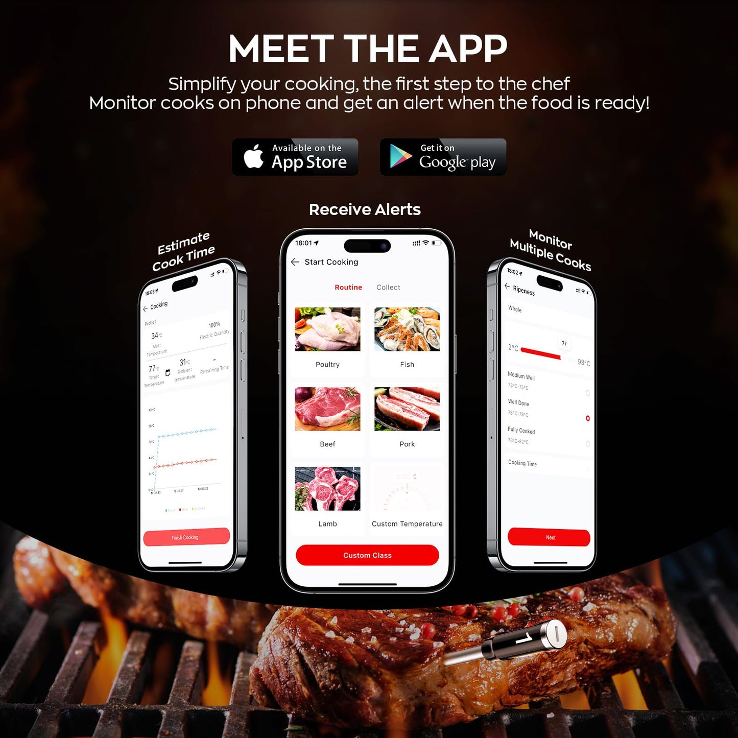 Smart Wireless Meat Thermometer with Dual Probes, Bluetooth & WiFi Combo, Remote Monitoring & Smart Alerts for BBQ, Grill, Smoker, Oven, Air Fryer