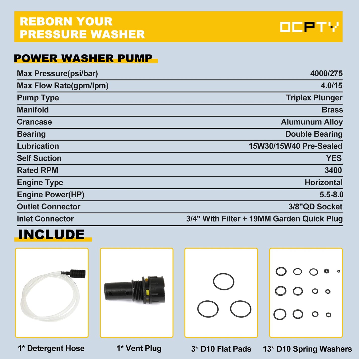 OCPTY Pressure Washer- Triplex Pump - 3/4 Shaft - 2200-3000 PSI - 3.3 GPM - Replacement Power Washer Pump - (2200-3000 PSI Horizontal) General AR For 5.5hp/6.5hp/7hp