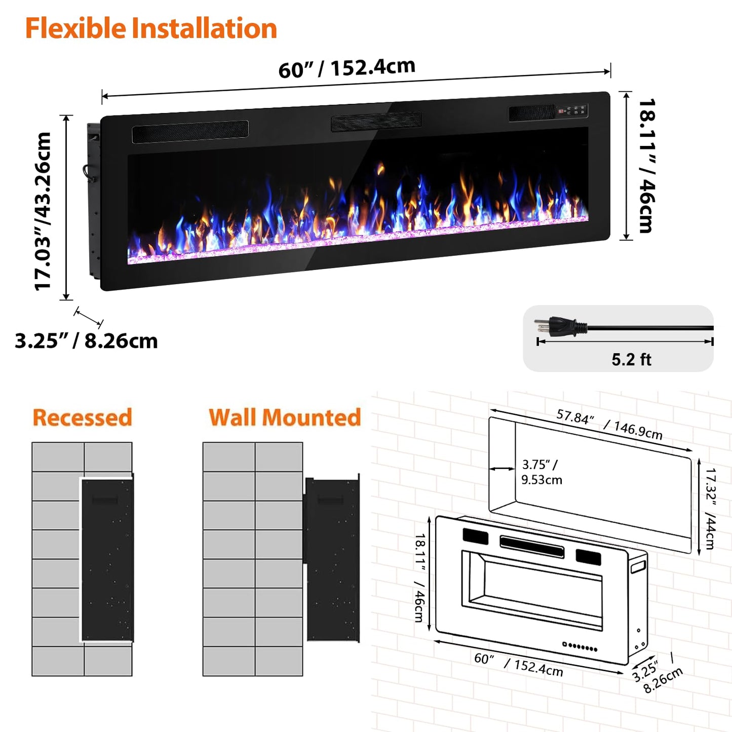VENDORZ Electric Fireplace, 60" Recessed and Wall Mounted Electric Fireplace, Electric Fireplaces Inserts Heater, 750W/1500W Fire Places and Wall Electric Fireplaces with Remote Control