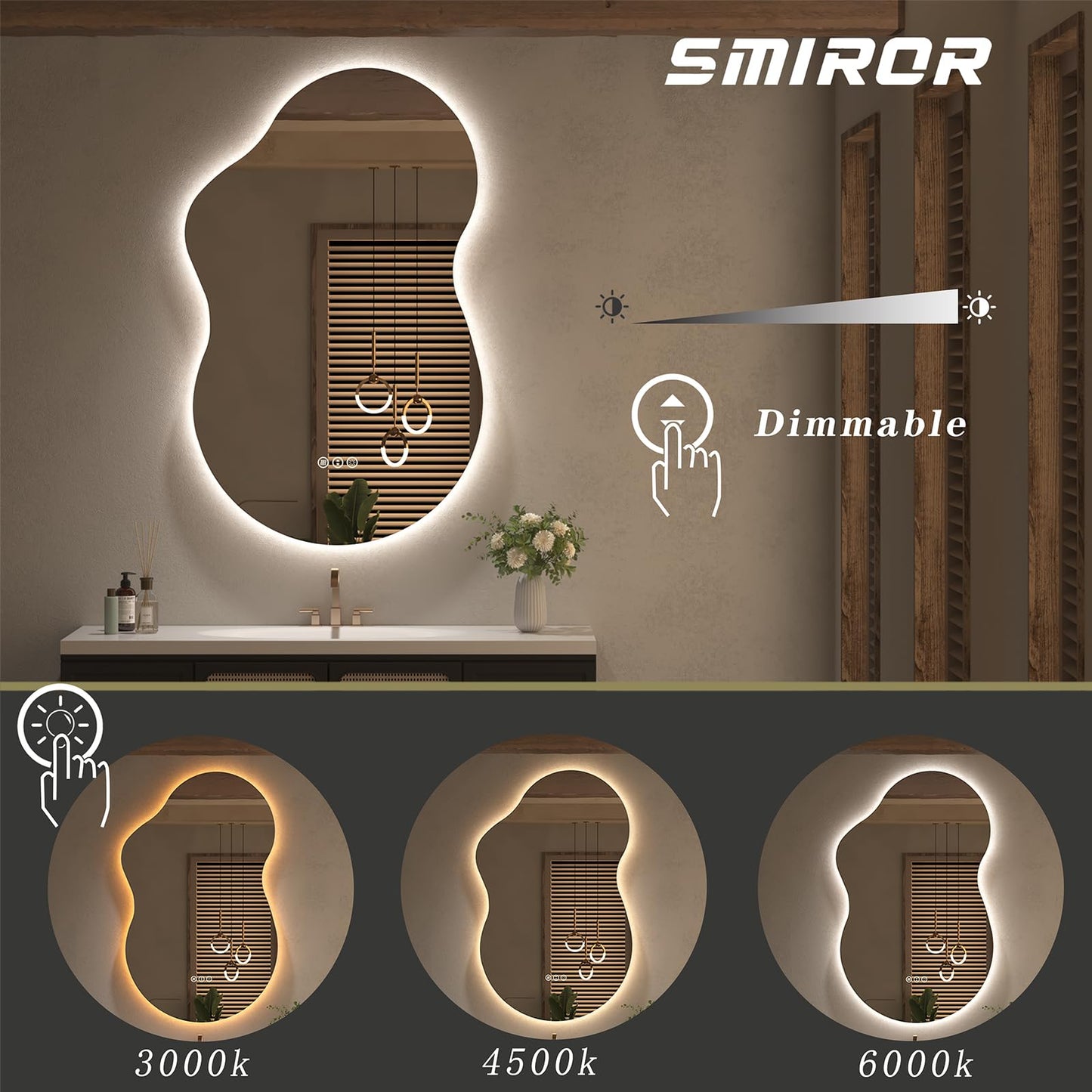 SMIROR Irregular Backlit Bathroom Mirror with Lights 40 x 24, Asymmetrical Cloud Led Lighted Vanity Mirror for Wall, Anit-Fog, Dimmable, Memory Function (Horizontal/Vertical)