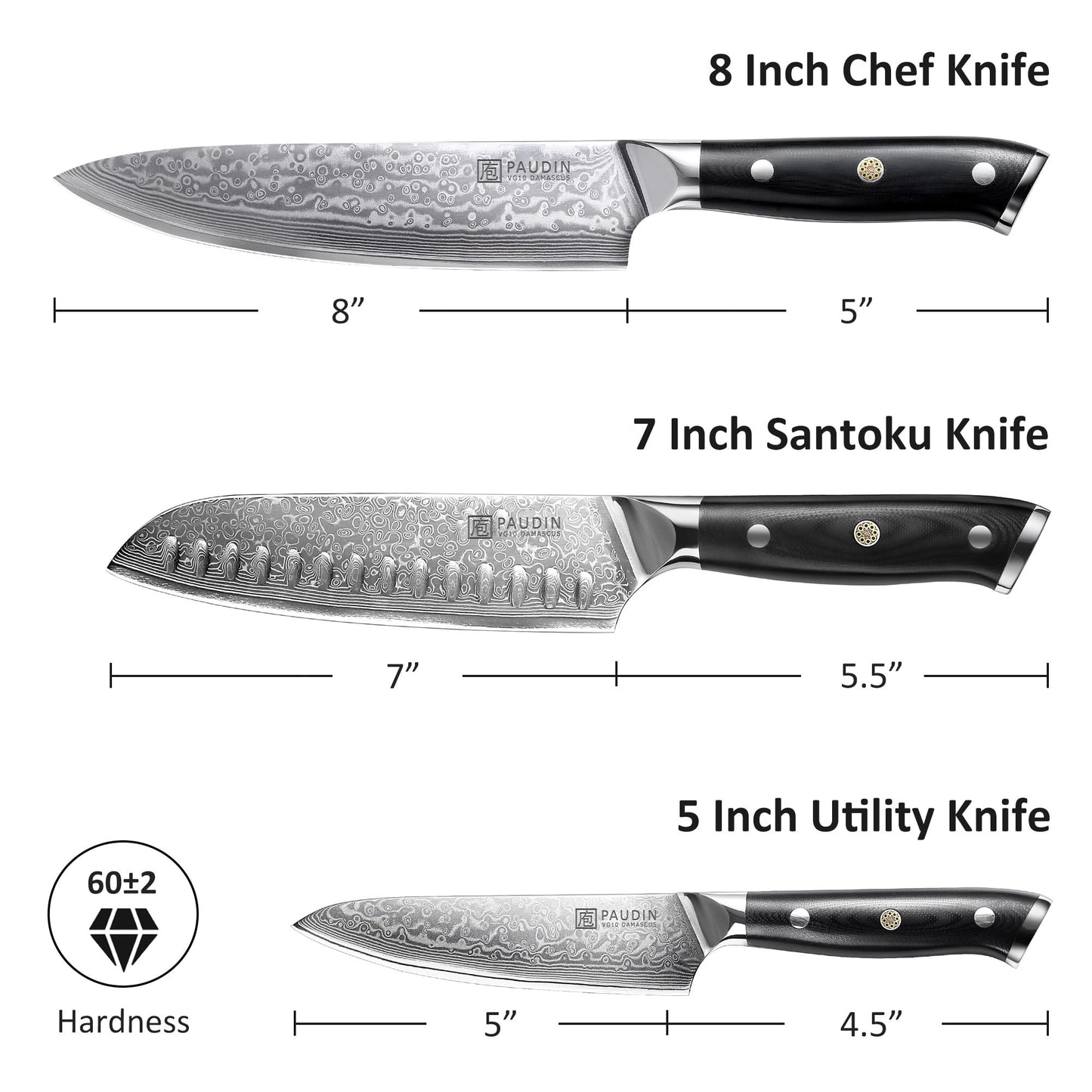 PAUDIN Damascus Knife Set 3 PCS, Japanese VG10 Steel Core, Ultra Sharp Chef Knife Set, Full Tang G10 Handle, Damascus Kitchen Knives