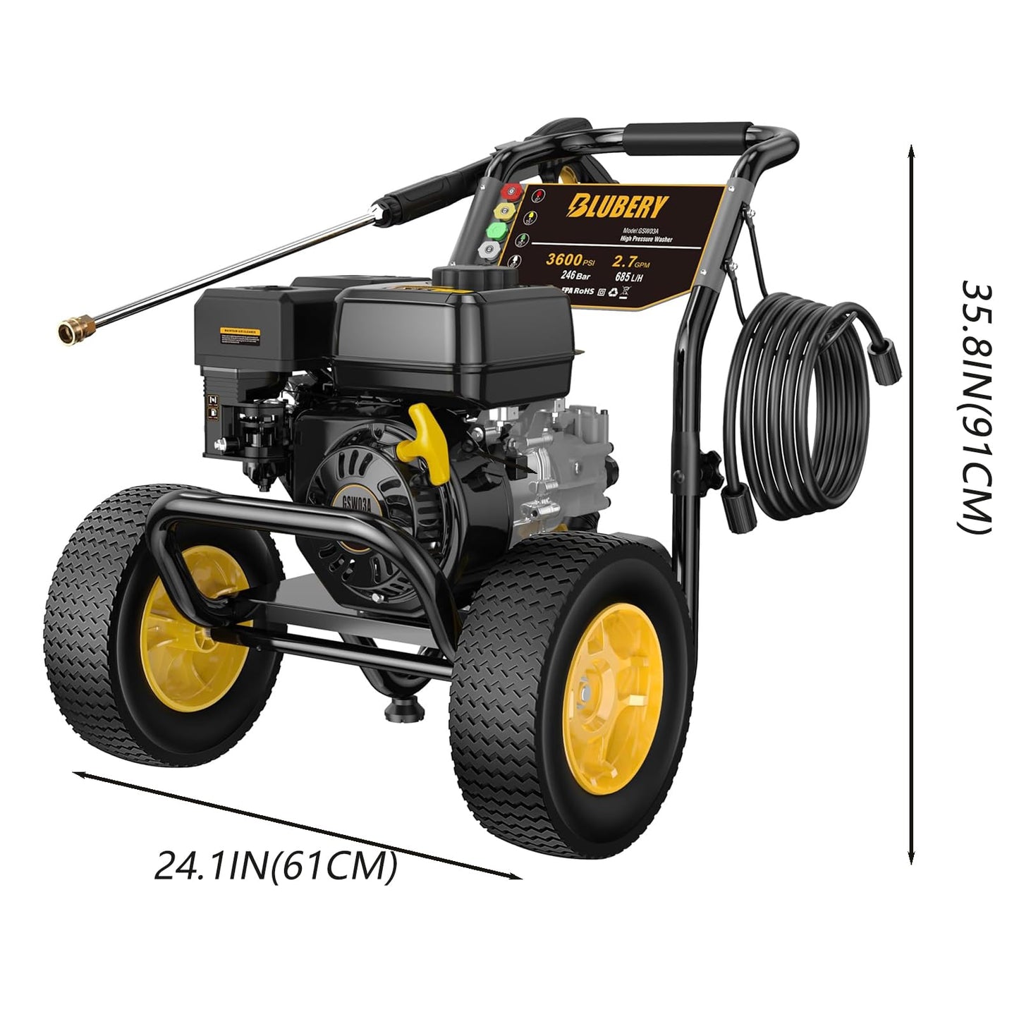 BLUBERY 3600 PSI Gas Pressure Washer, 2.7 GPM Heavy Duty High Power Washer, 30Ft Pressure Hose&Soap Tank,5 Pressure Nozzles,Black
