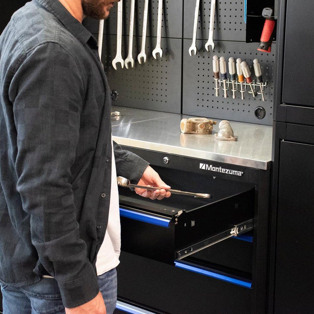 Montezuma Garage Tool Storage System - 30.5 x 24" Locking 4 Drawer Workbench with Ball Bearing Slides & Stainless Steel Worktop - BKMG30244BC