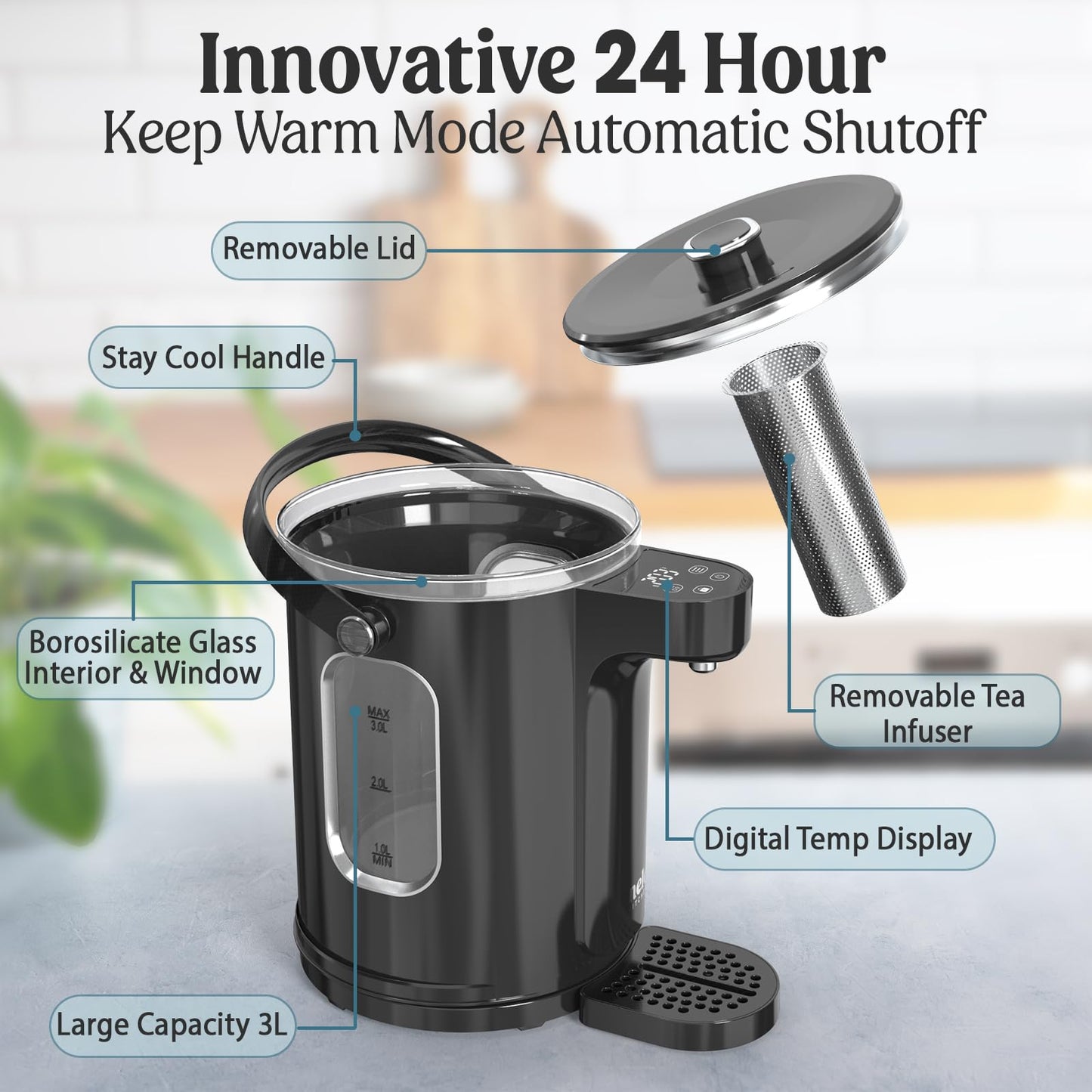 NELO Instant Hot Water Dispenser – 3L Electric Kettle, Hot Water Boiler with Digital Temperature Control, 13 Temp Presets, Removable Tea Infuser, LED Display, 24 Hour Keep Warm, BPA-Free, ETL Listed