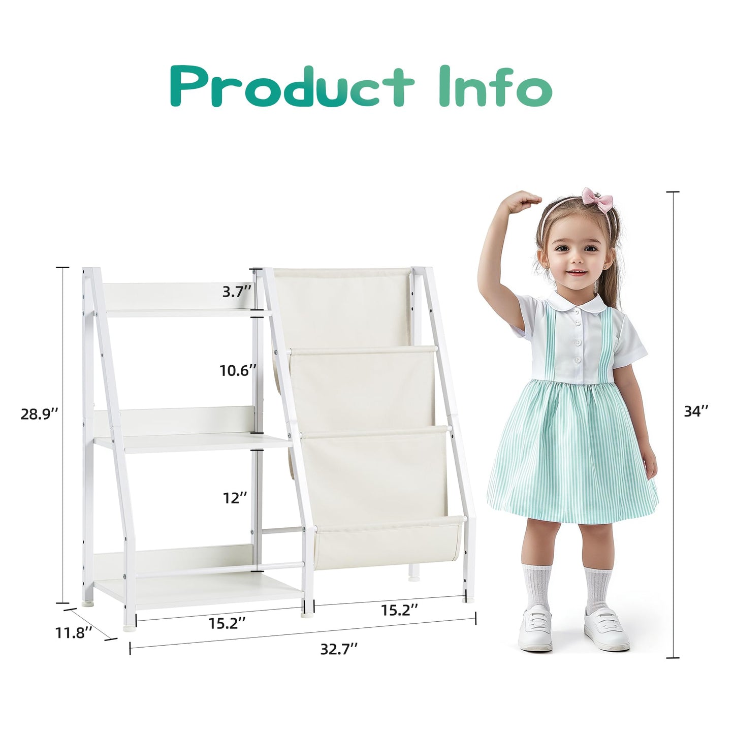 FURNIinspire 3 Tier Kids Bookshelf, Toddler Toy Storage Organizer for Kids Room, Bedroom, Playroom and Nursery, Non-Slip Metal Shelves, White