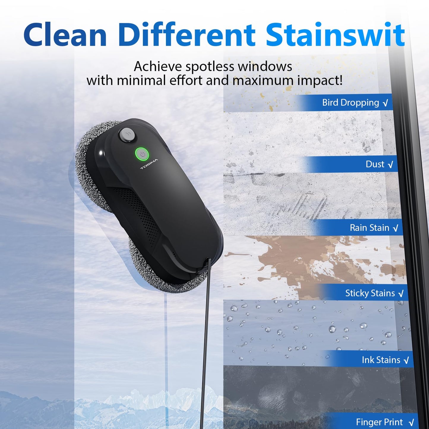 Tosima W5 Window Cleaning Robot, Dual Direction Auto-Spray Smart Window Cleaner with Triple Safety System, Smart Navigation, Remote Control, for All Smooth Surfaces, with 8 Rags, Black