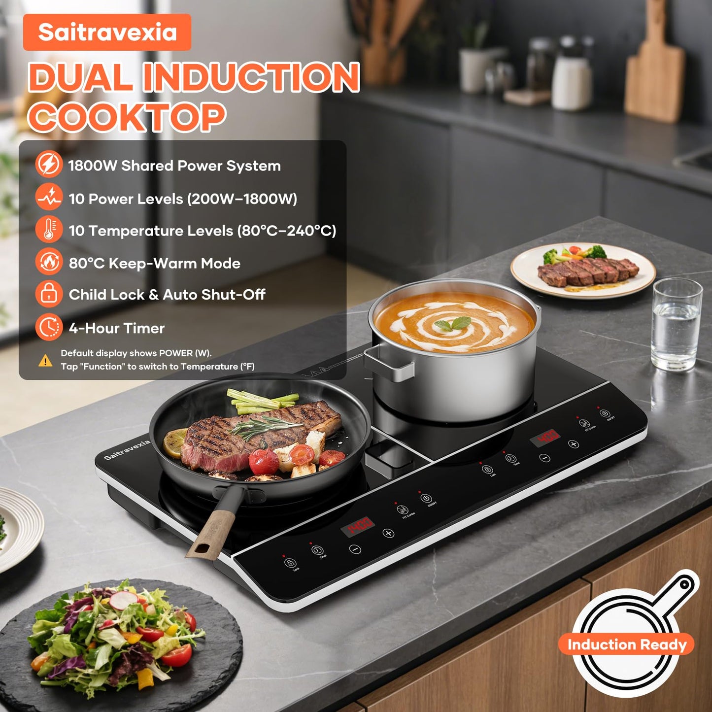 Saitravexia 24 Inch Double Induction Cooktop, Touch Control Electric Cooktop with Dual Burners, Shared 1800W Power, Low-Power Continuous Heating, Countertop Use