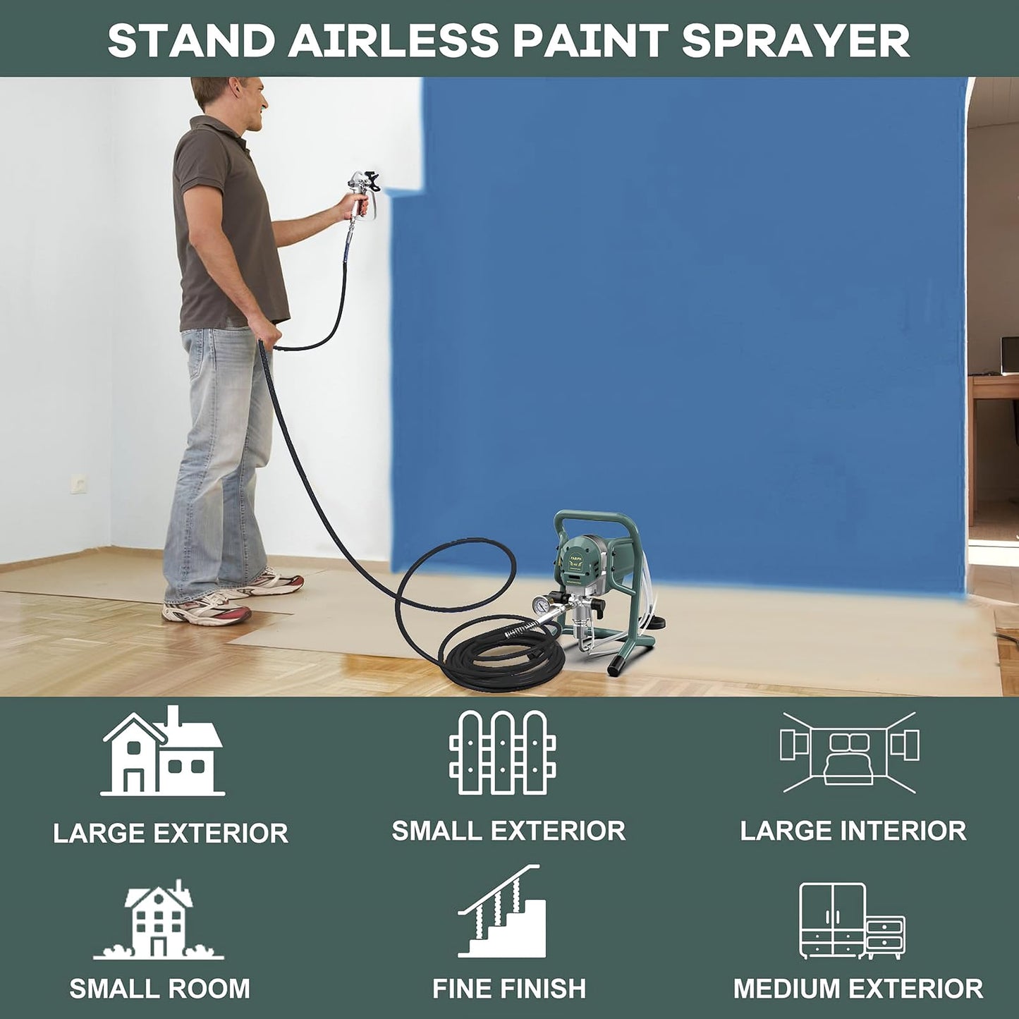 FABIFH Airless Paint Sprayer 1HP 3000PSI Stand Airless Sprayers for House Painting with Minimal Overspray 750W High Efficiency Thinning-Free for Home Interior and Exterior with Sprayer Accessories