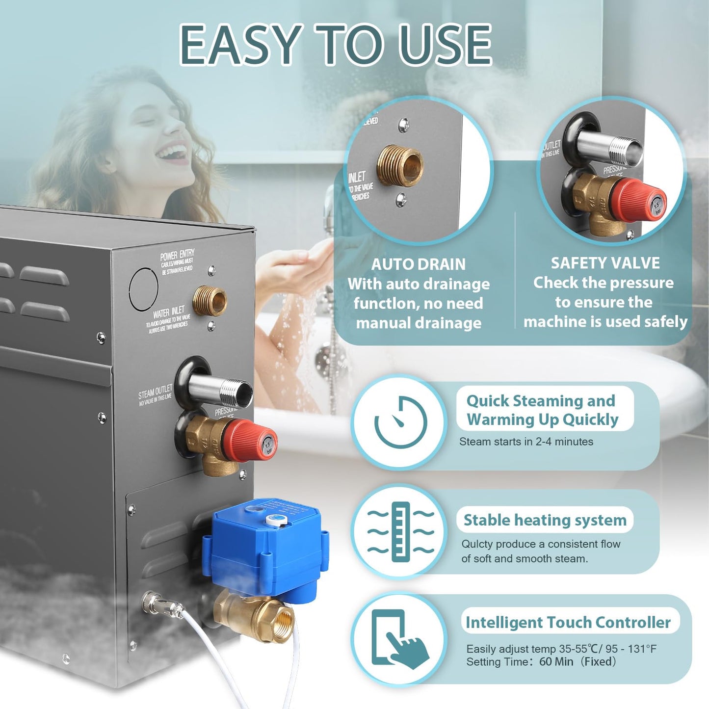 4KW Steam Generator-Quick start continuous steam，with Black digital control panel Self-Draining System, 95-131°F Temp Control,Can be used for heating a space area of 4m³/141Cu.ft. (4KW 220V)