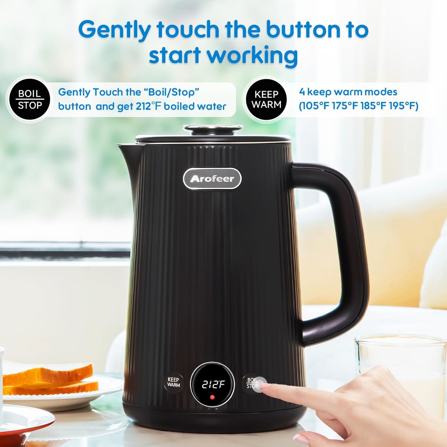 Arofeer® 1.7L(57oz) Large Electric Kettle Temperature Control, 7+Cups Electric Tea Kettle for Coffee&Tea, 2 quarts Big Hot Water Kettle Electric with,1200W,Keep Warm-Black