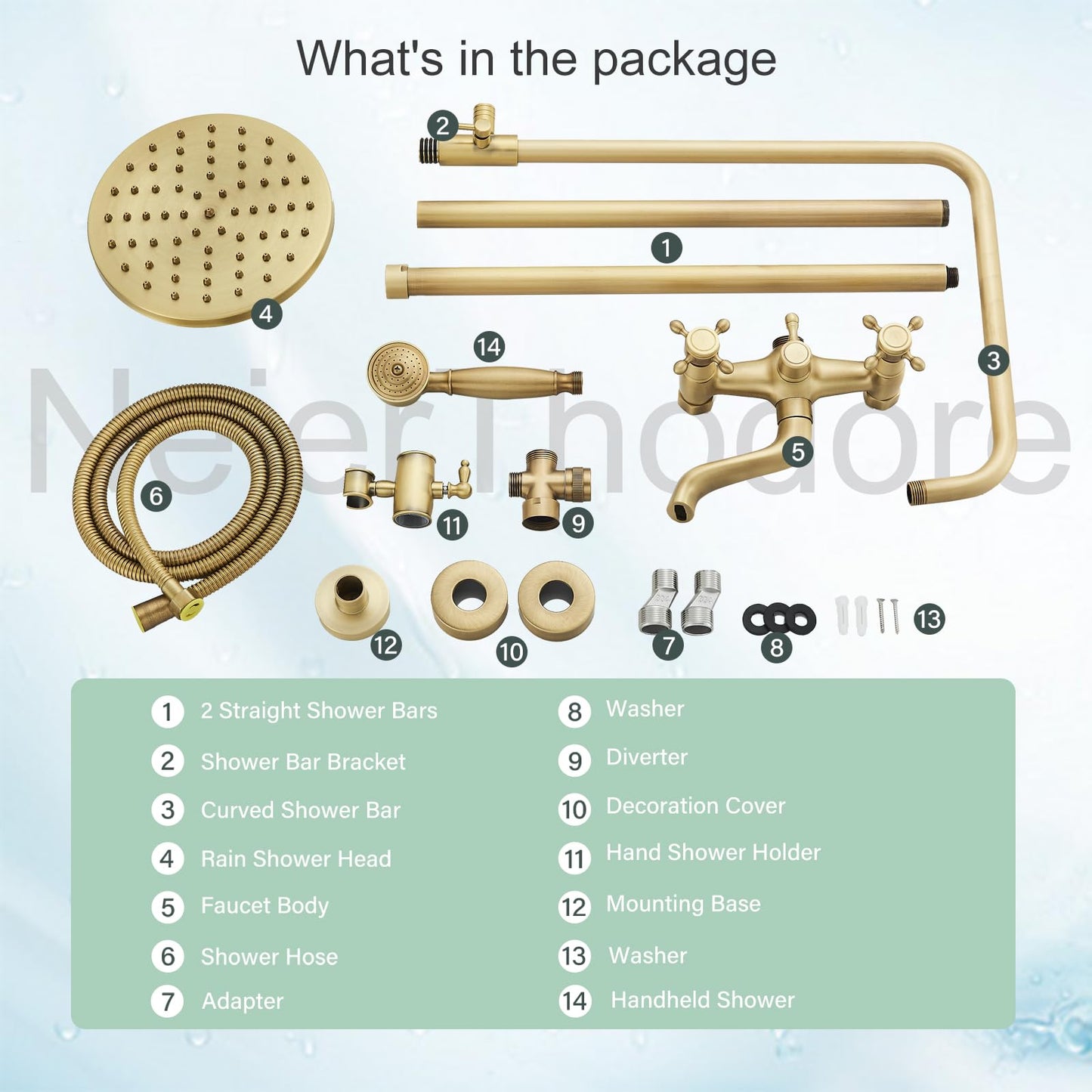 NeierThodore Antique Brass 8-Inch Bathroom Shower Faucet System Rainfall Shower Head Wall-Mounted Dual Cross Handle Bathtub Shower Mixer Tap with Hand Sprayer
