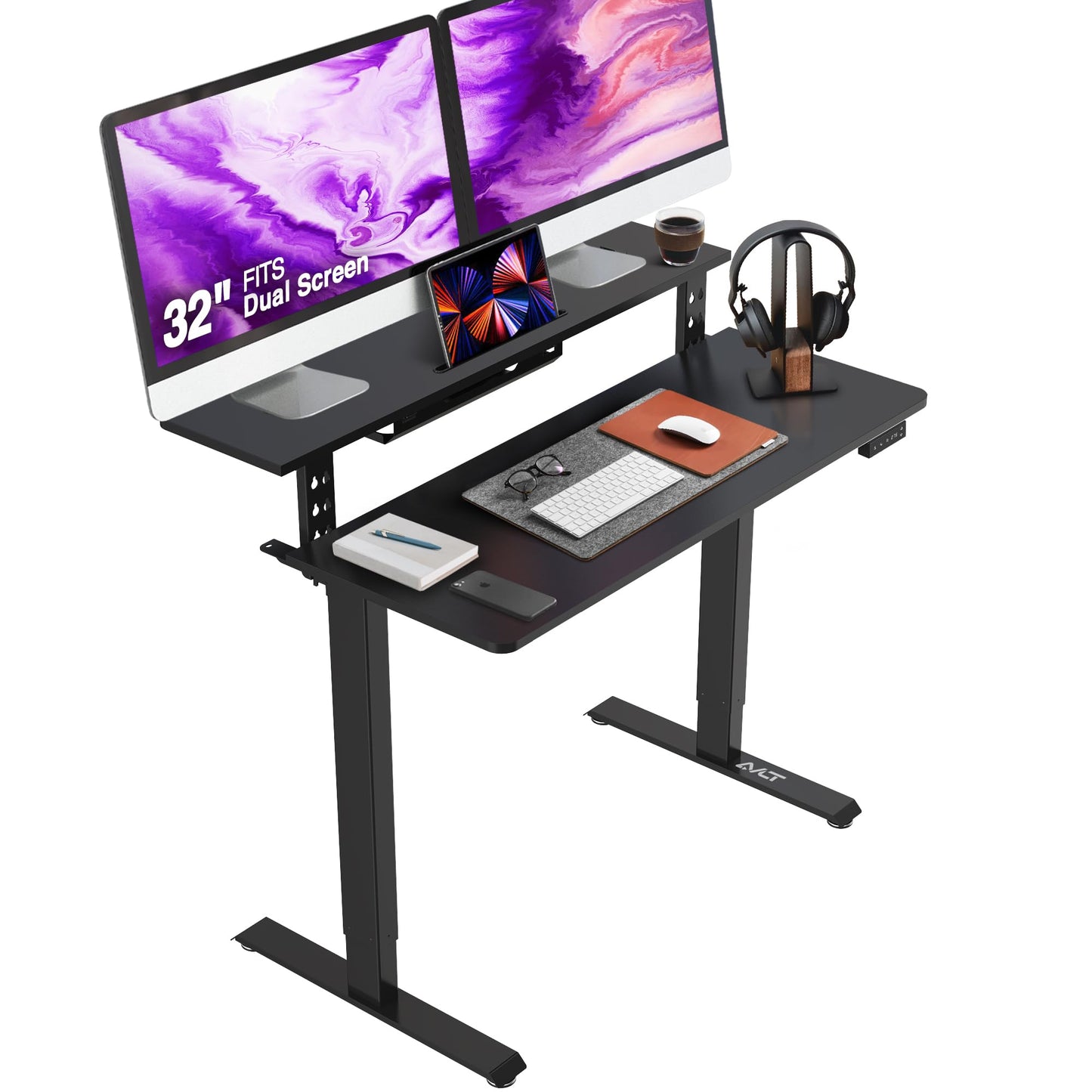 AVLT 47″ Electric Standing Desk with Dual-Tier Shelf & Tablet Holder – Height Adjustable Sit-Stand Desk for Home Office, Motorized Frame Supports 176 lbs (80kg), Includes Tabletops – Black