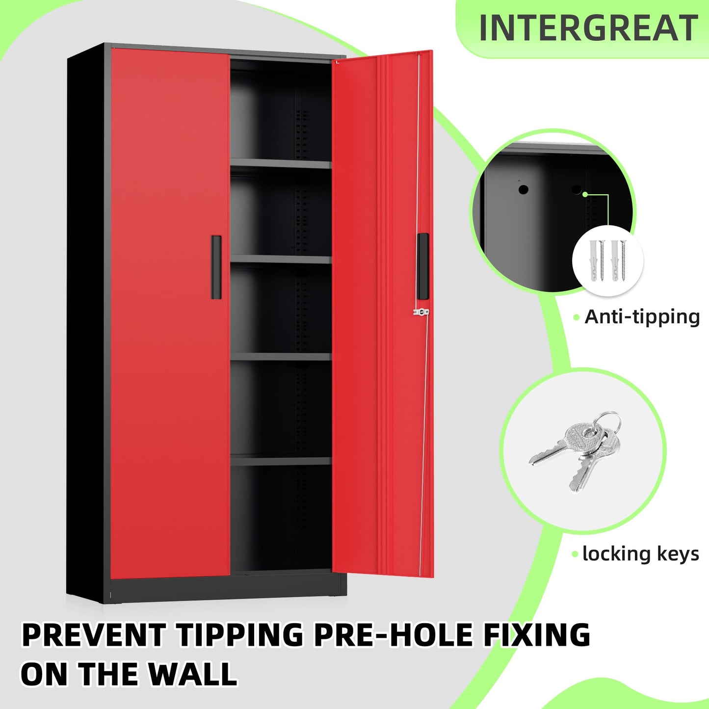 Bonusall 72" Metal Garage Storage Cabinet - 900lbs Heavy Duty Steel Cabinet with 3-Point Locking System & 4 Adjustable Shelves, Lockable Tall Storage for Garage, Office, Warehouse - Black & Red