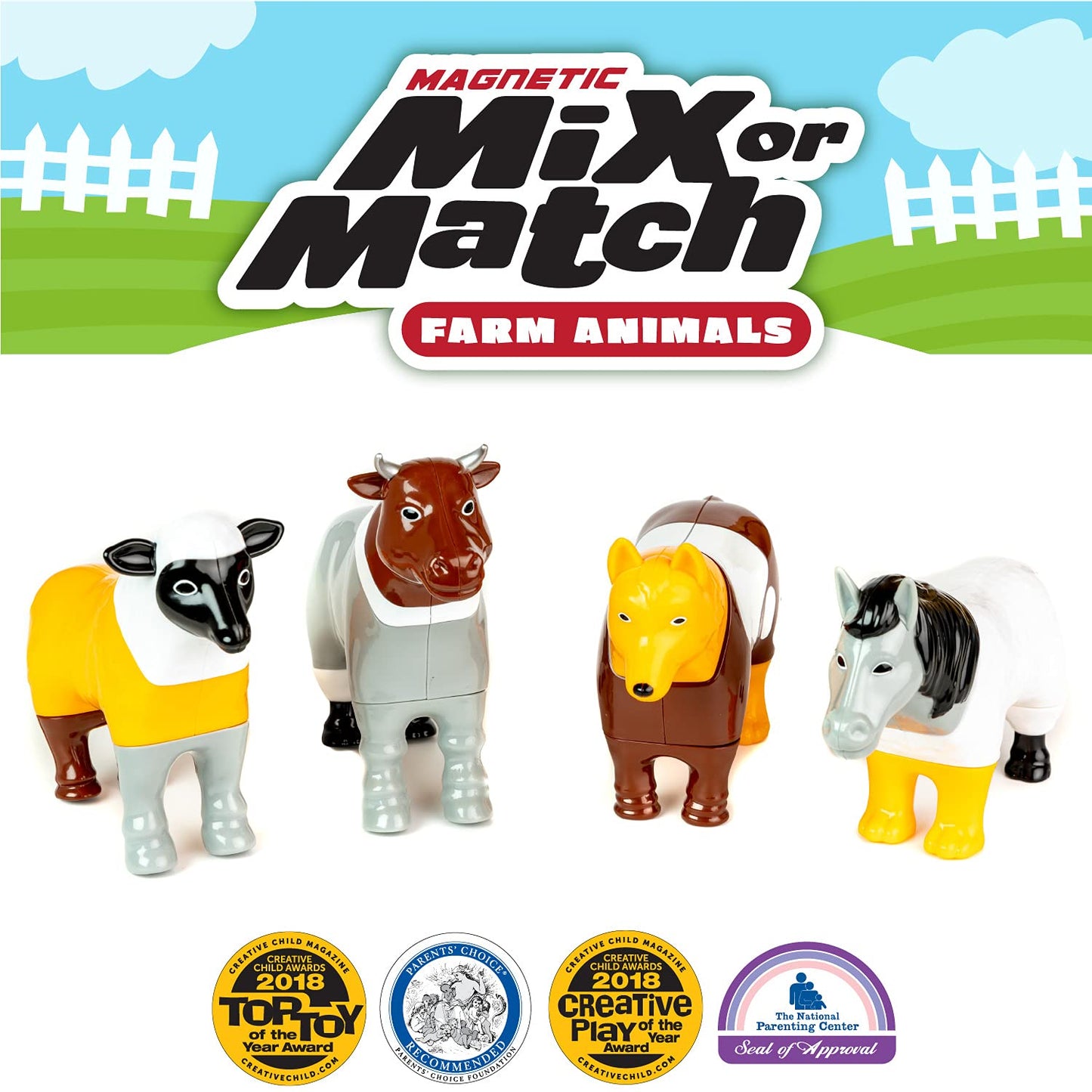 POPULAR PLAYTHINGS Magnetic Animals for Toddlers 1-3, Mix or Match Animal Toys, Set of 4 Gift for Kids - Farm Animals