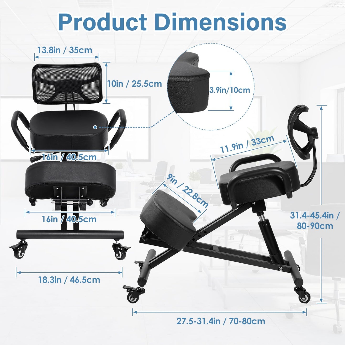 Ergonomic Kneeling Chair with Back Support, Height Adjustable Stool for Home and Office, PU Kneeling Chair for Desk to Relieve Back Discomfort, Thick Moulded Foam Cushions Brake Casters