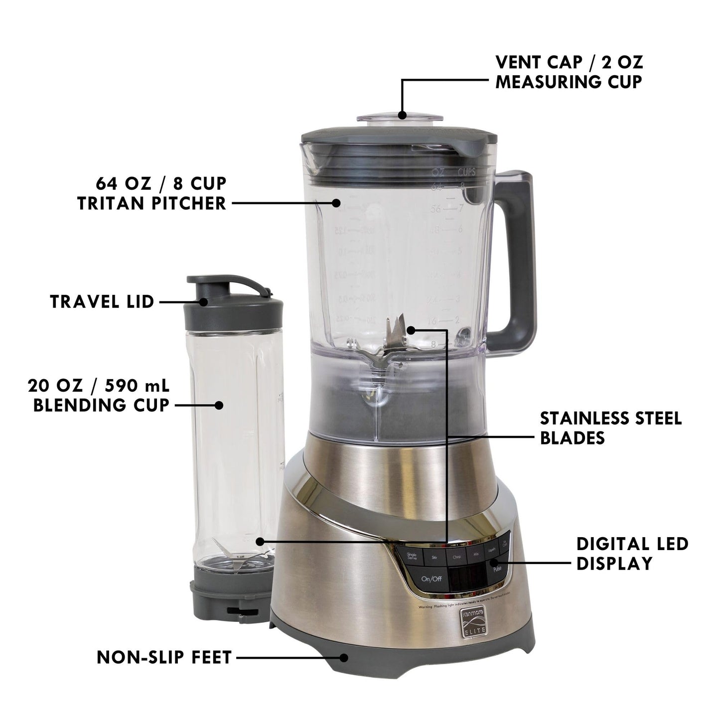 Kenmore Elite 1.3 HP 64 oz Blender With 20 oz Single-Serve Blending Cup, Powerful Ice-Crushing Motor, 8-Cup (1.9L) Tritan Pitcher, 20 oz (600 mL) Travel Cup with To-Go Lid, Grey and Stainless Steel