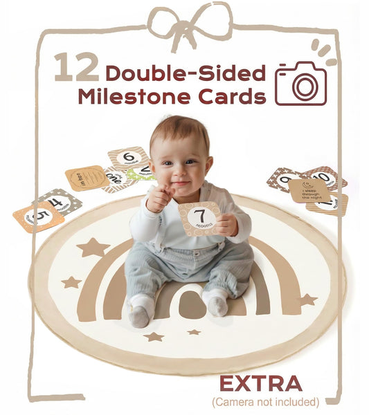 Little Dove Baby Play Gym Mat, Tummy Time Activity Mat with 7 Detachable Toys and 12 Milestone Cards for Stage-Based Sensory and Motor Skill Development, Washable Play Mats for Infant, Brown