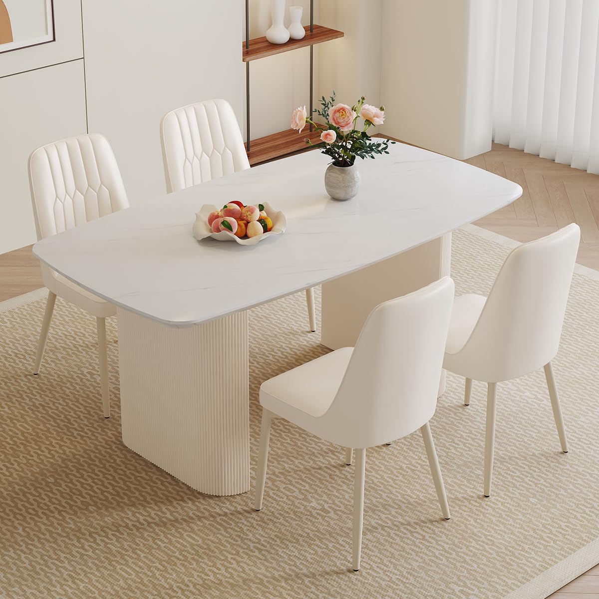 Ebullient 67'' White Dining Table Set for 4, Kitchen Table Chairs Set with Sleek Ripple Pedestal Base, Modern Dining Table Set with 4 Metal Leg Chairs, Ideal for Dining Room, Living Room, Saving Space