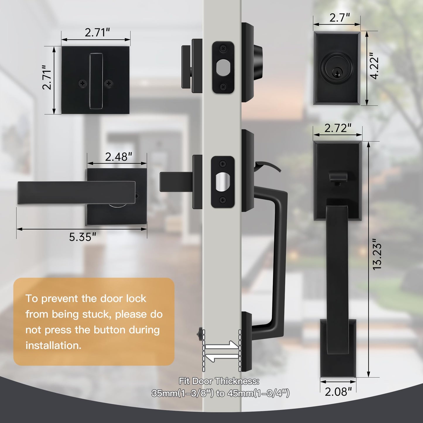 Gaurqiah Double Front Door Lock Set, Square Heavy Duty Double Door Handle with Dummy, Entry Handleset with Deadbolt Combo, Double Door Lock Set for Front or Office Doors, Matte Black