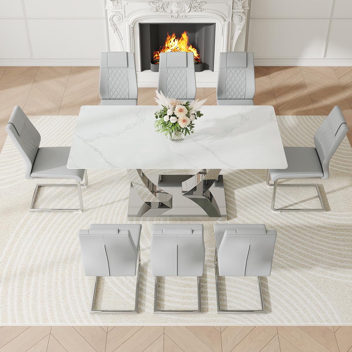 NYEESS 71" Dining Table Set for 8, White Dining Room Table Set with 8 PU Leather Chairs, Rectangular Faux Marble Kitchen Table Set for 8 with Tempered Glass Top and Silver Chrome Base