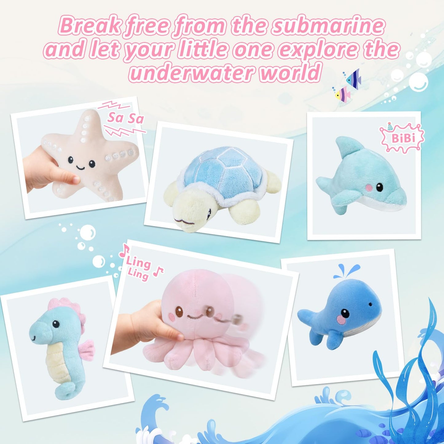 bopopo Submarine & Ocean Animals Baby Toys 6-12 Month, Sensory Toy Set with Whale, Dolphin, Starfish, Octopus, Turtle, Seahorse, Soft Montessori Toys for Infants 0-3