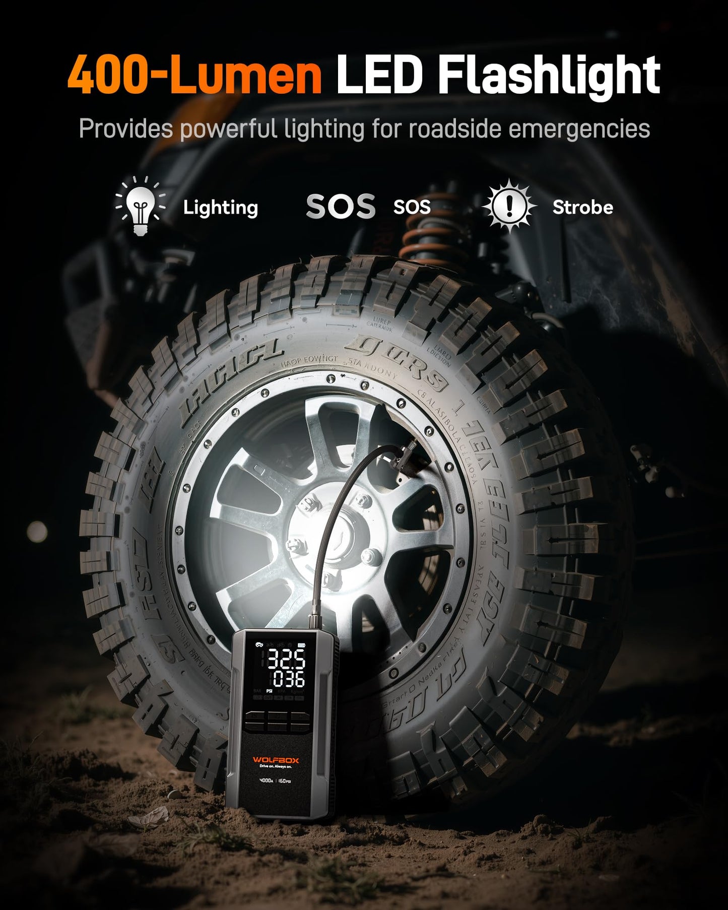 WOLFBOX 4000A Jump Starter with 160PSI Air Compressor, 12V Car Battery Booster, 65W Fast Charge, 88.8Wh Portable Tire Inflator, LED Display for 10L Gas & 10L Diesel Engines, LED Light, Jumper Cables