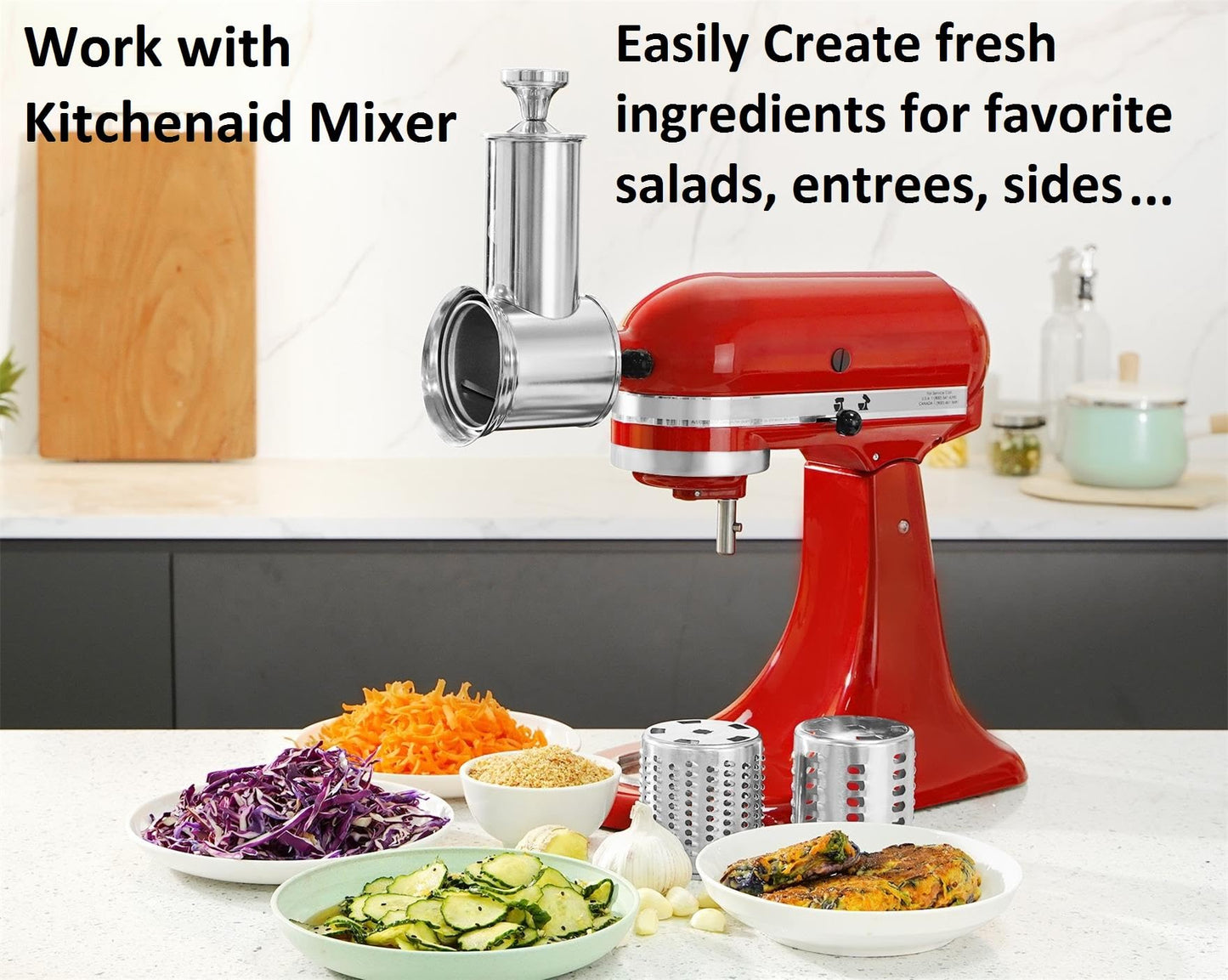 FavorKit Slicer Shredder Attachment for KitchenAid Mixers, Stainless Steel Cheese Grater Salad Maker Accessories with 3 Cutting Blades,Dishwasher Safe!
