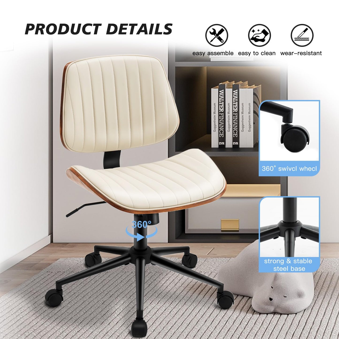 Rongbuk Armless Desk Chair with 360°Swivel Wheels, Ergonomic Adjustable Height Computer Chair for Home Office,PU Leather with Modern Walnut Drafting Chairs for Office, Reading Nook(Beige)