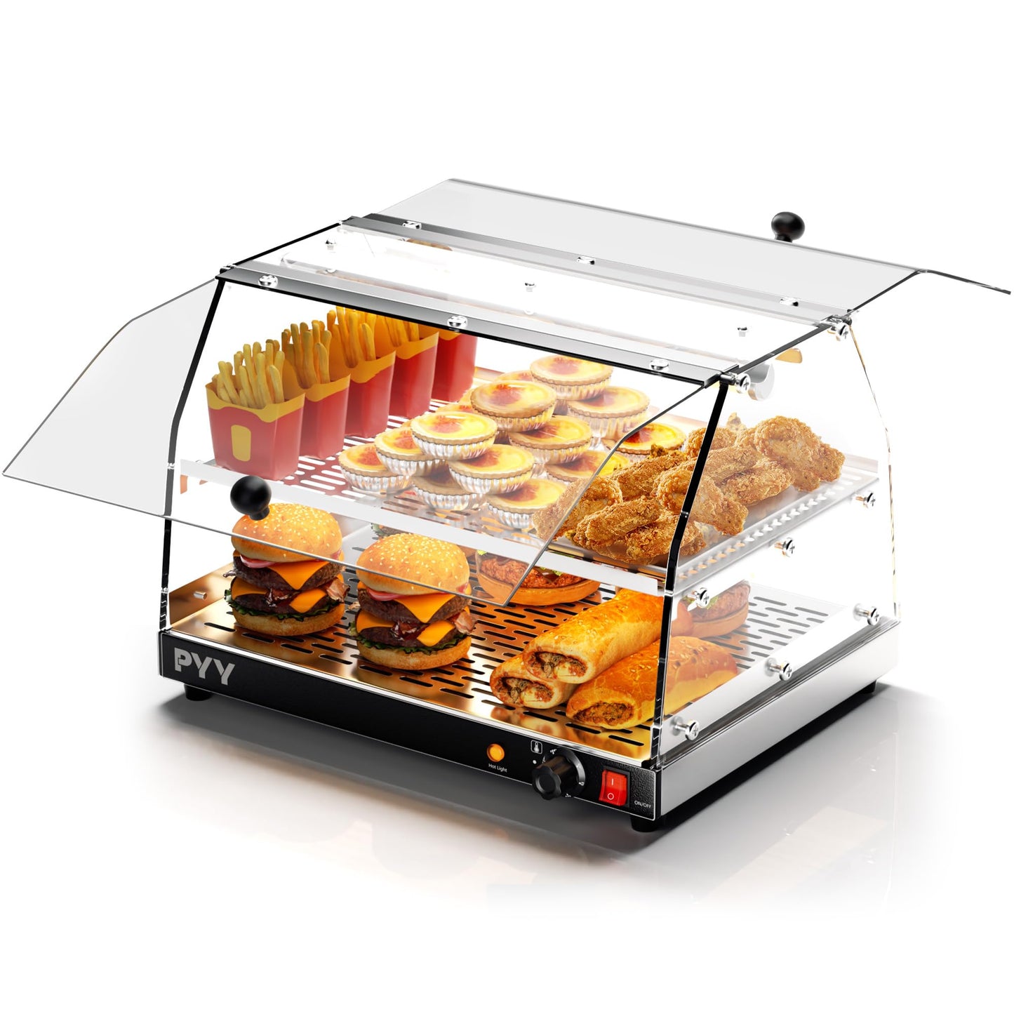 PYY Commercial Food Warmer Display, 2-Tier Electric Countertop Food Warmer with LED Lighting Adjustable Glass Door, Pastry Display Case for Buffet Restaurant