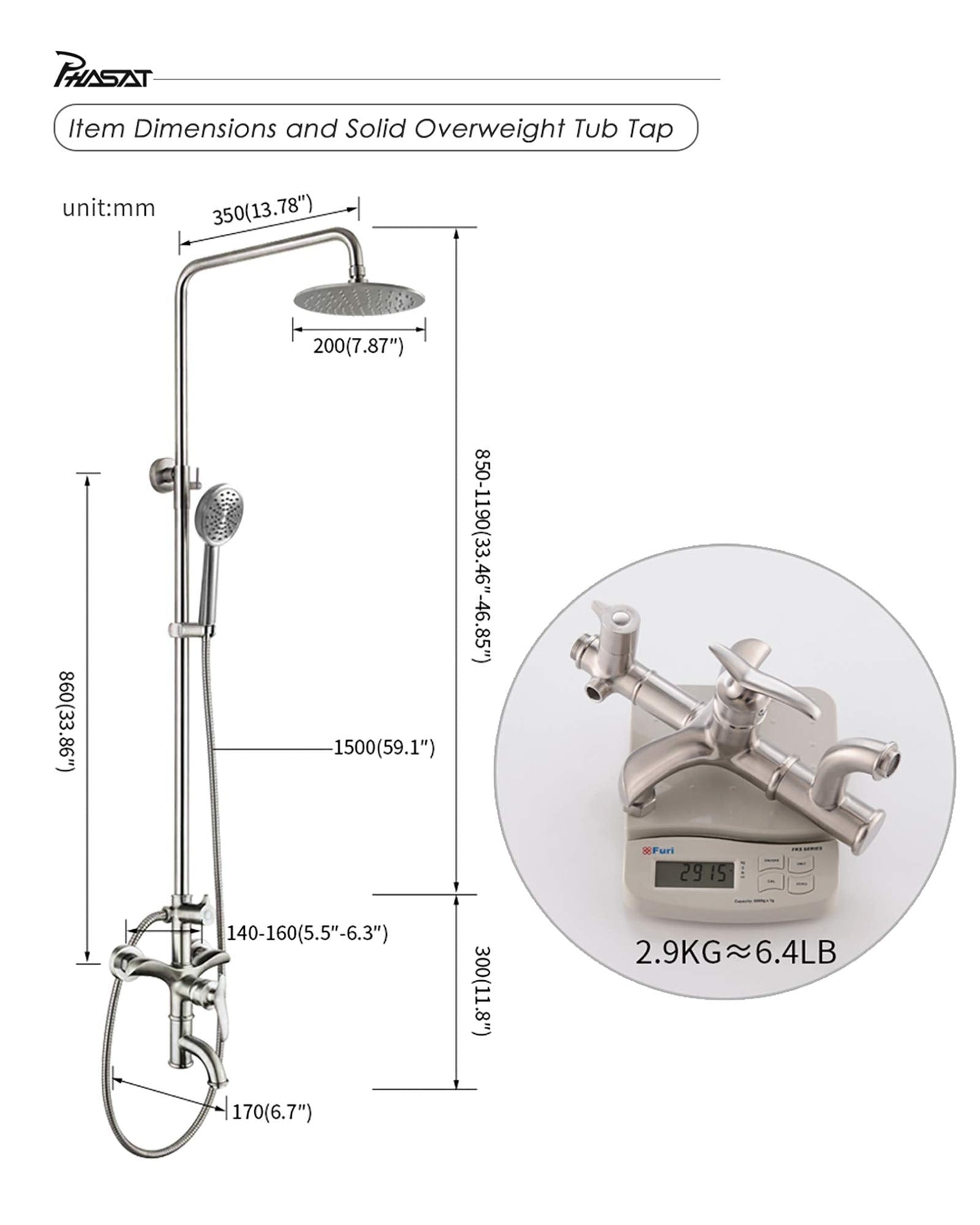 PHASAT Shower Fixtures,SUS 304 Stainless Steel Wall mounted Exposed Shower System,3 Function Outdoor Shower,Brushed Nickel,CT8121